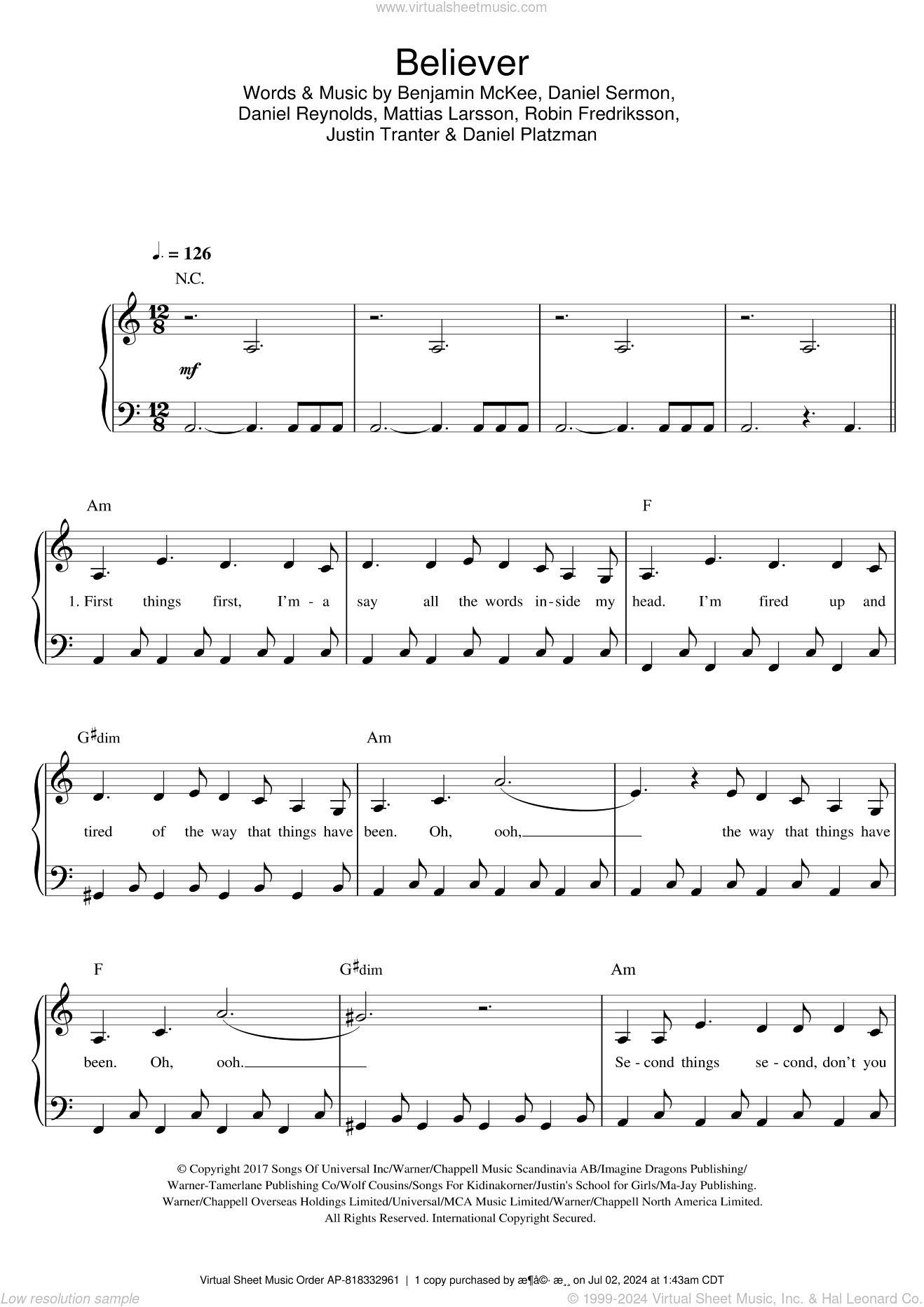 Believer Sheet Music easy Version 2 For Piano Solo PDF Believer Sheet Music easy Version 2 For Piano Solo PDF