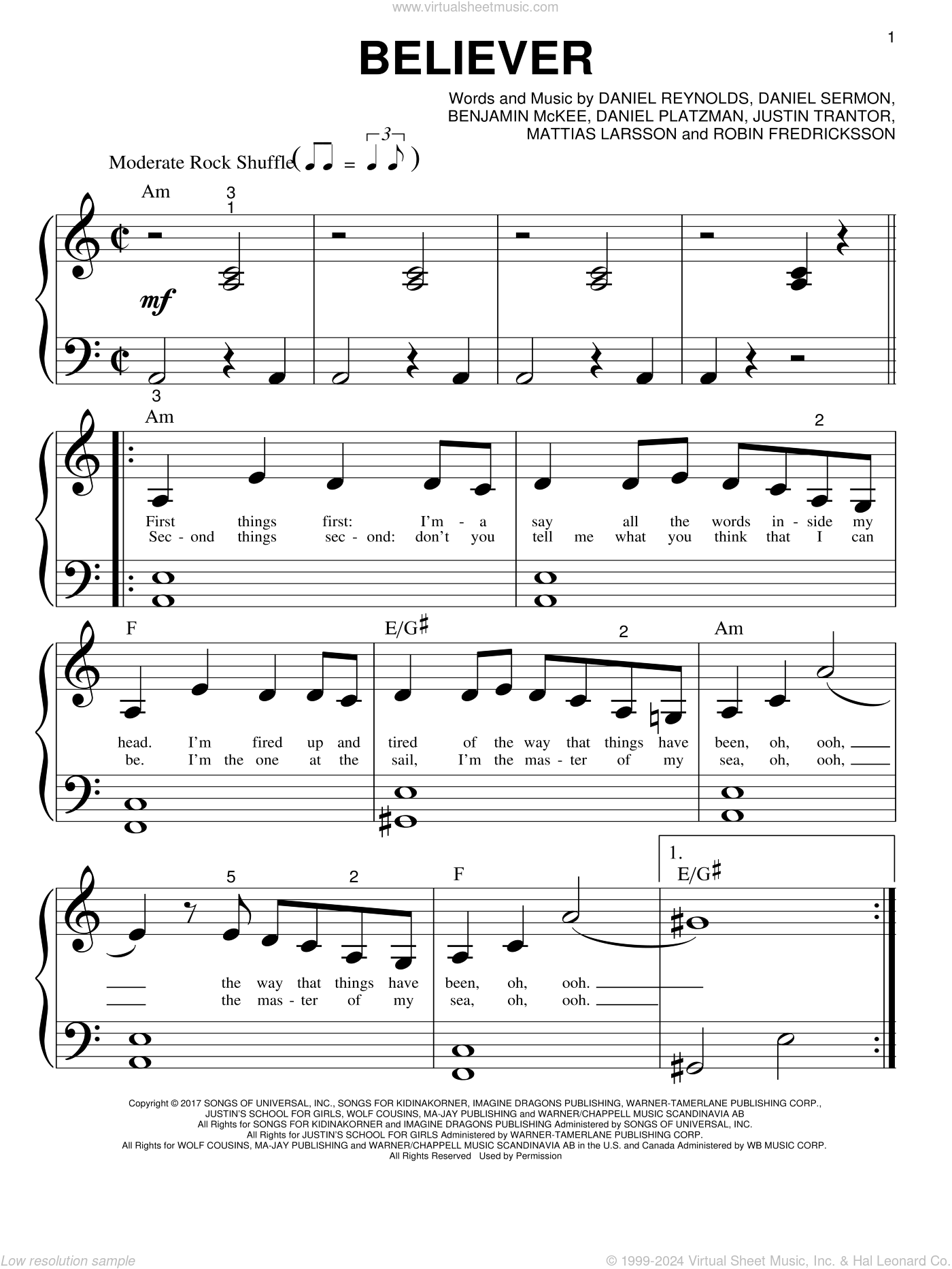 Believer Sheet Music For Piano Solo big Note Book PDF 