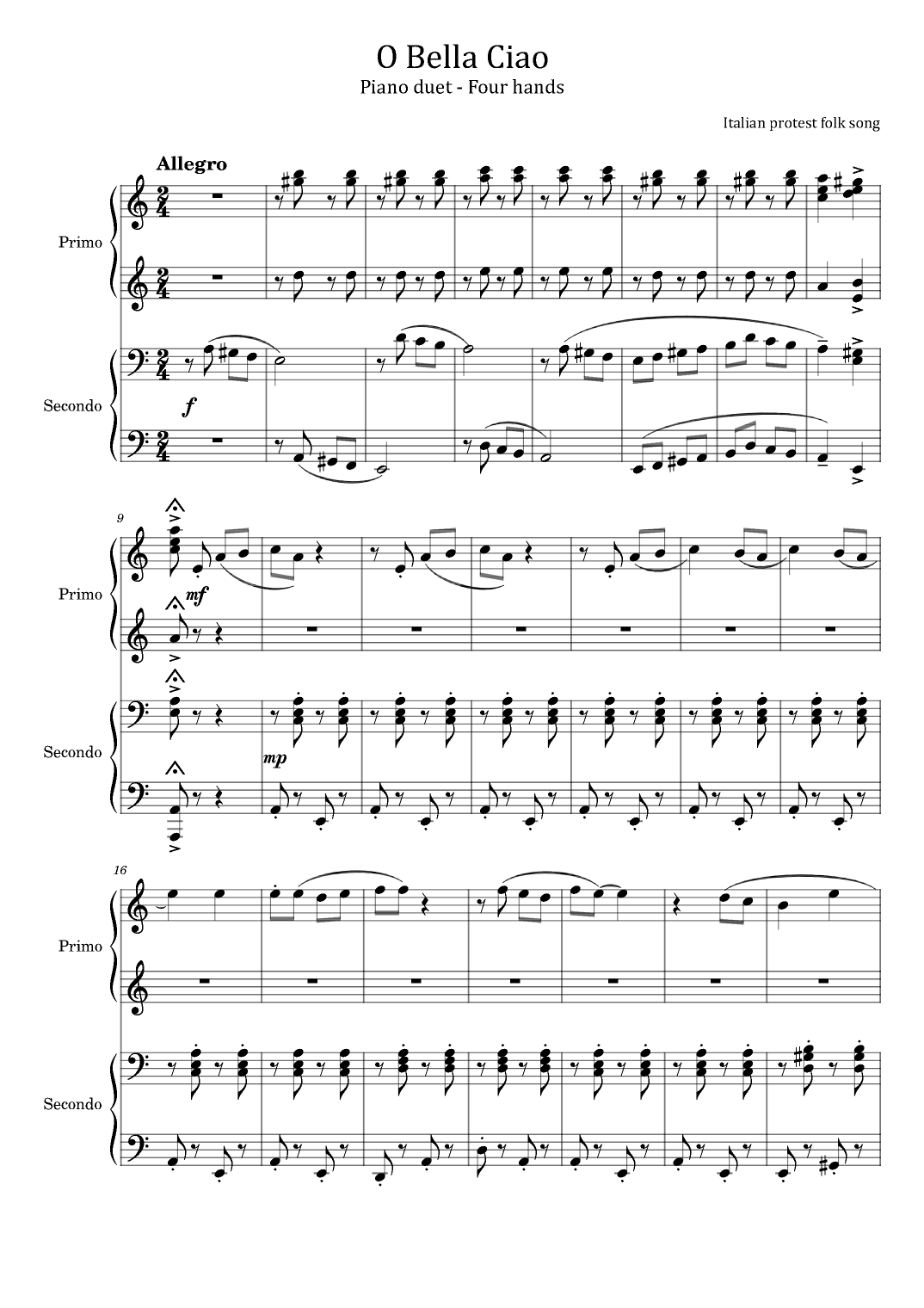 bella ciao piano sheet music bella ciao piano sheet music