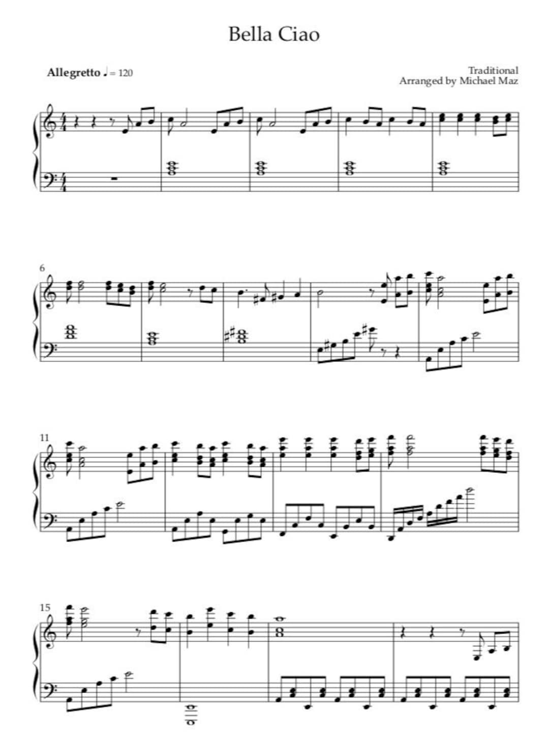 Bella Ciao Piano Sheet Music Etsy Bella Ciao Piano Sheet Music Etsy