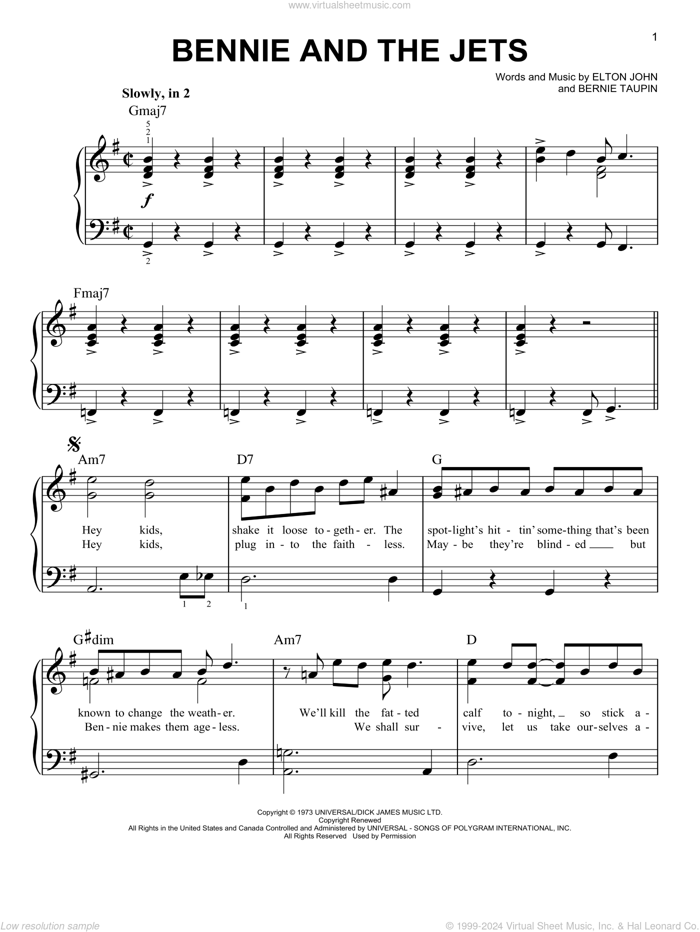 Bennie And The Jets easy Sheet Music For Piano Solo PDF 