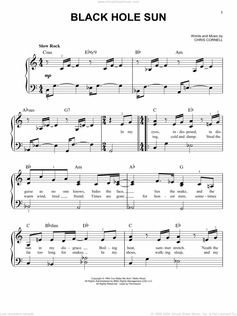 Black Hole Sun Sheet Music easy For Piano Solo PDF 