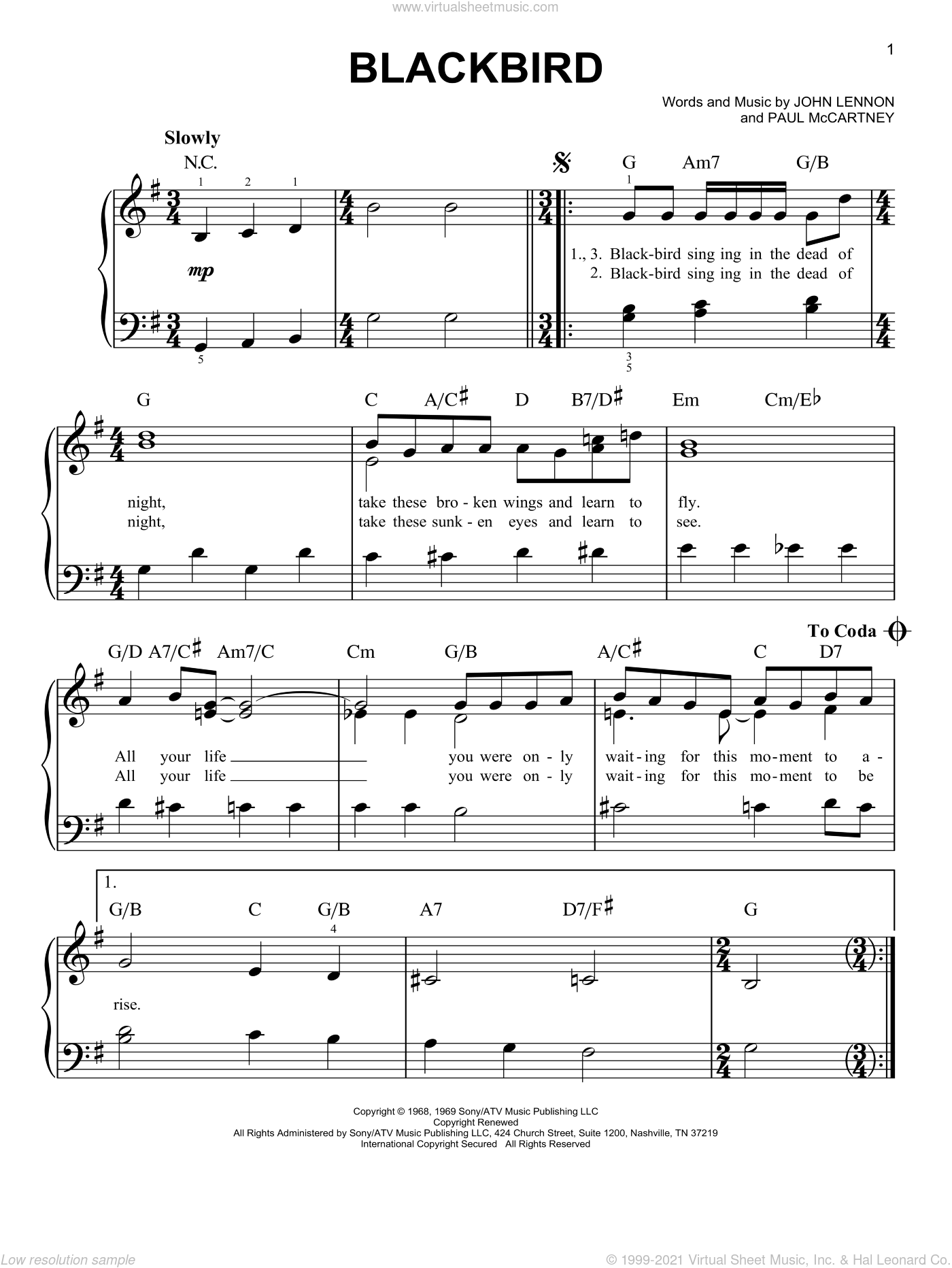 Blackbird easy Sheet Music For Piano Solo PDF interactive 