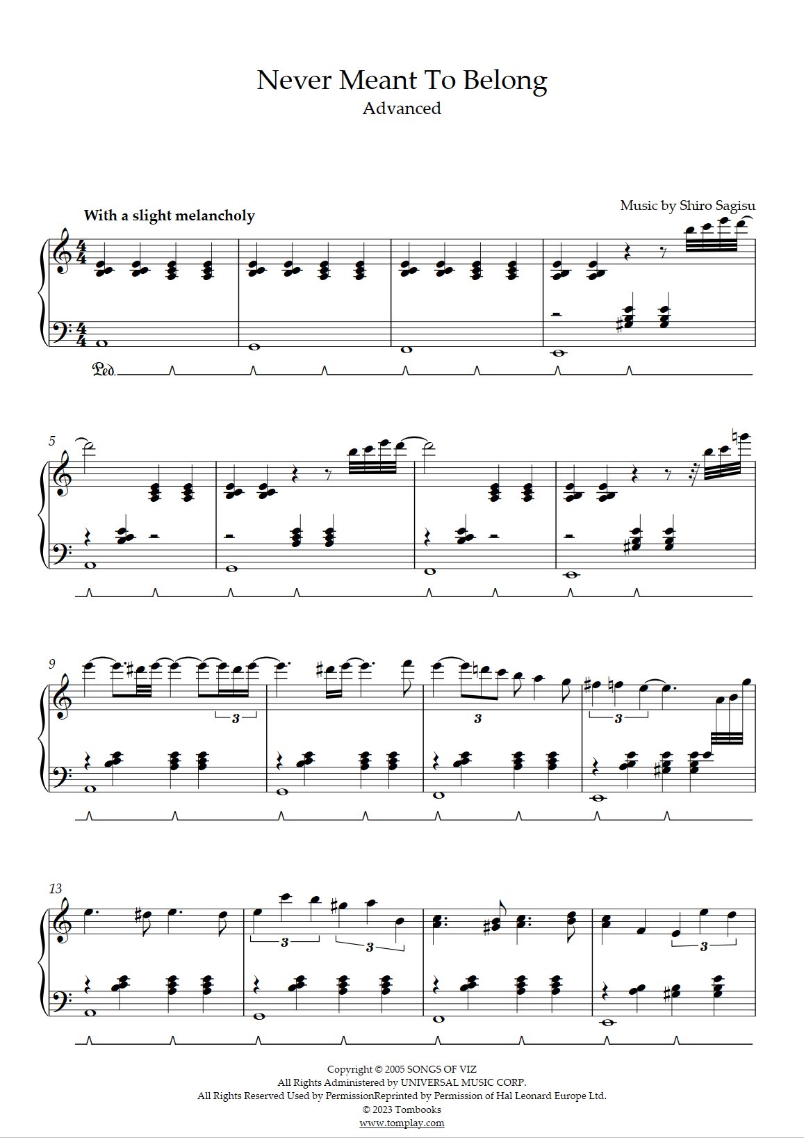 Bleach Never Meant To Belong Advanced Level Solo Piano Shir Sagisu Piano Sheet Music