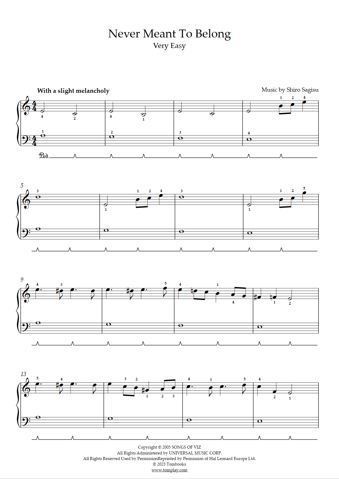 Bleach Never Meant To Belong Very Easy Level Solo Piano Shir Sagisu Piano Sheet Music