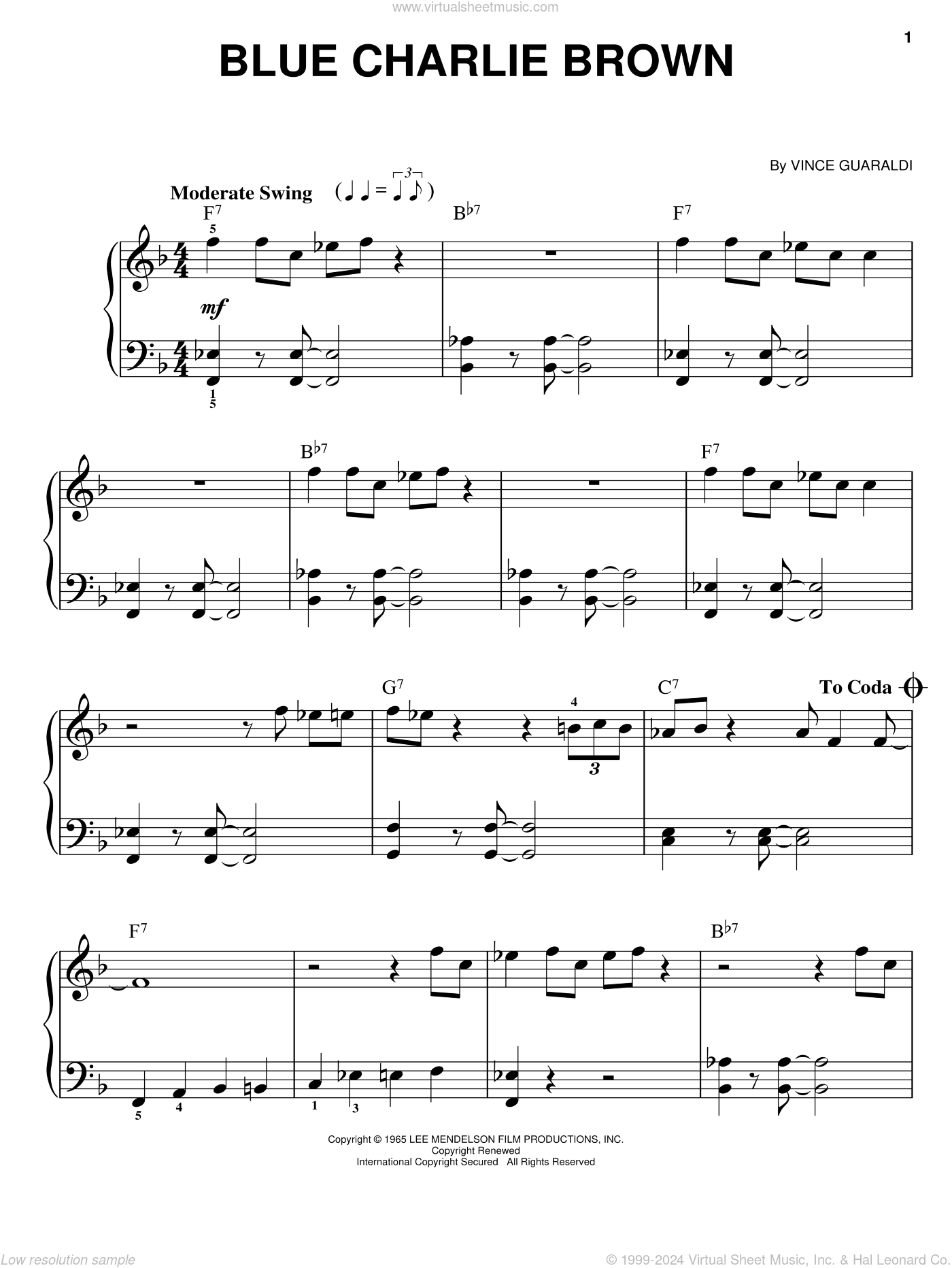 Blue Charlie Brown easy Sheet Music For Piano Solo PDF Blue Charlie Brown easy Sheet Music For Piano Solo PDF