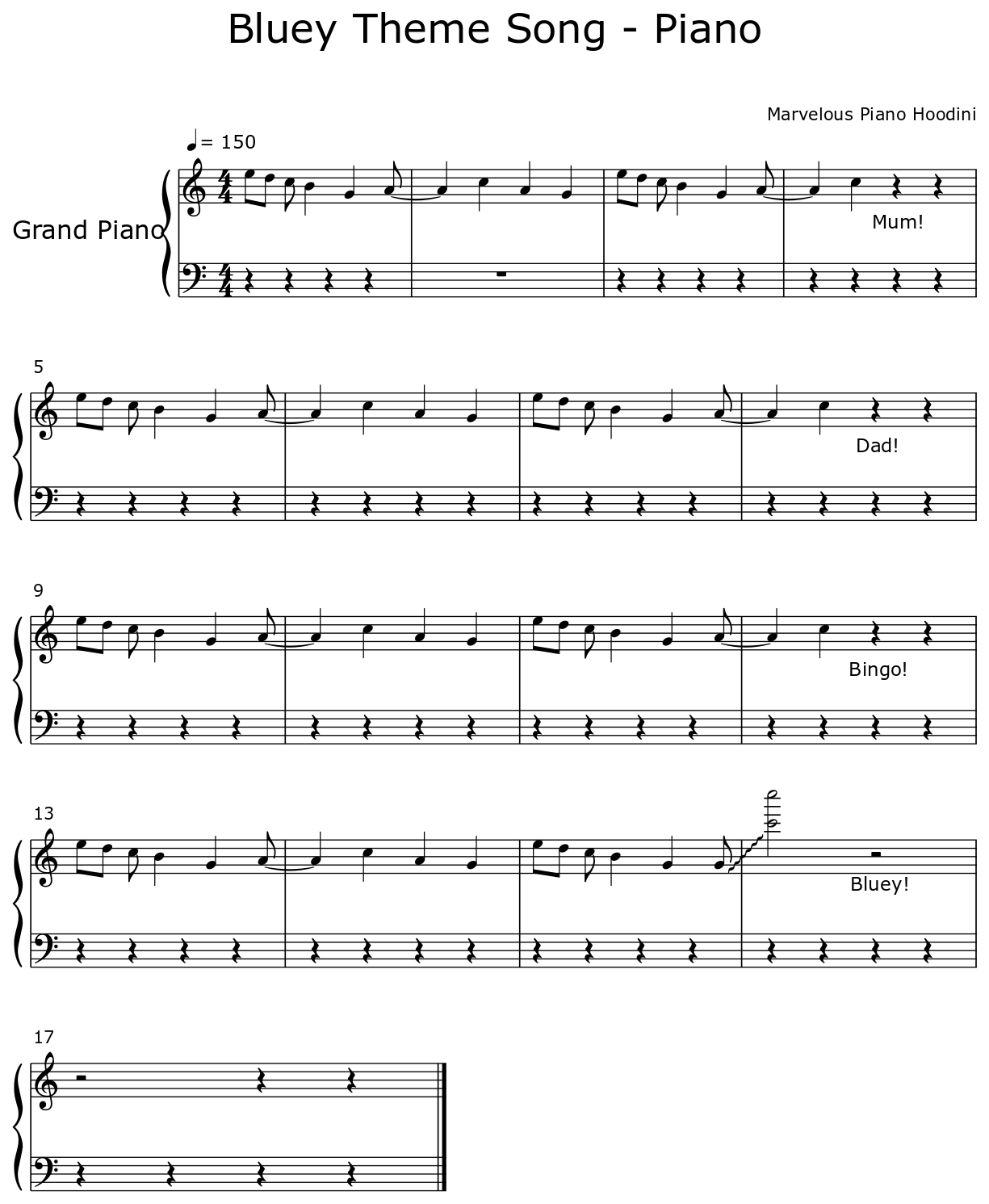 Bluey Theme Song Piano Flat