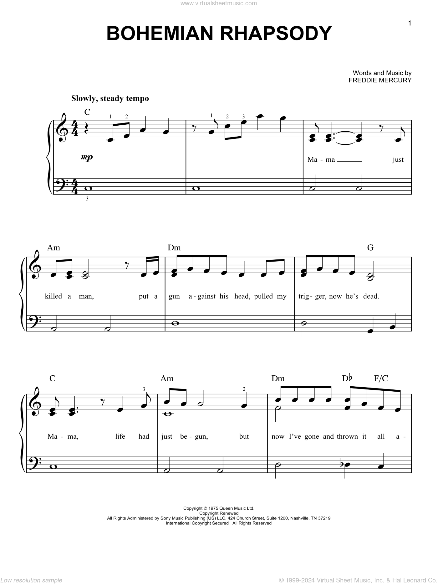 Bohemian Rhapsody beginner Sheet Music For Piano Solo PDF 