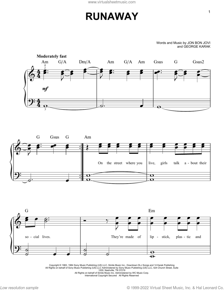 Bon Jovi Runaway Sheet Music For Piano Solo PDF interactive 