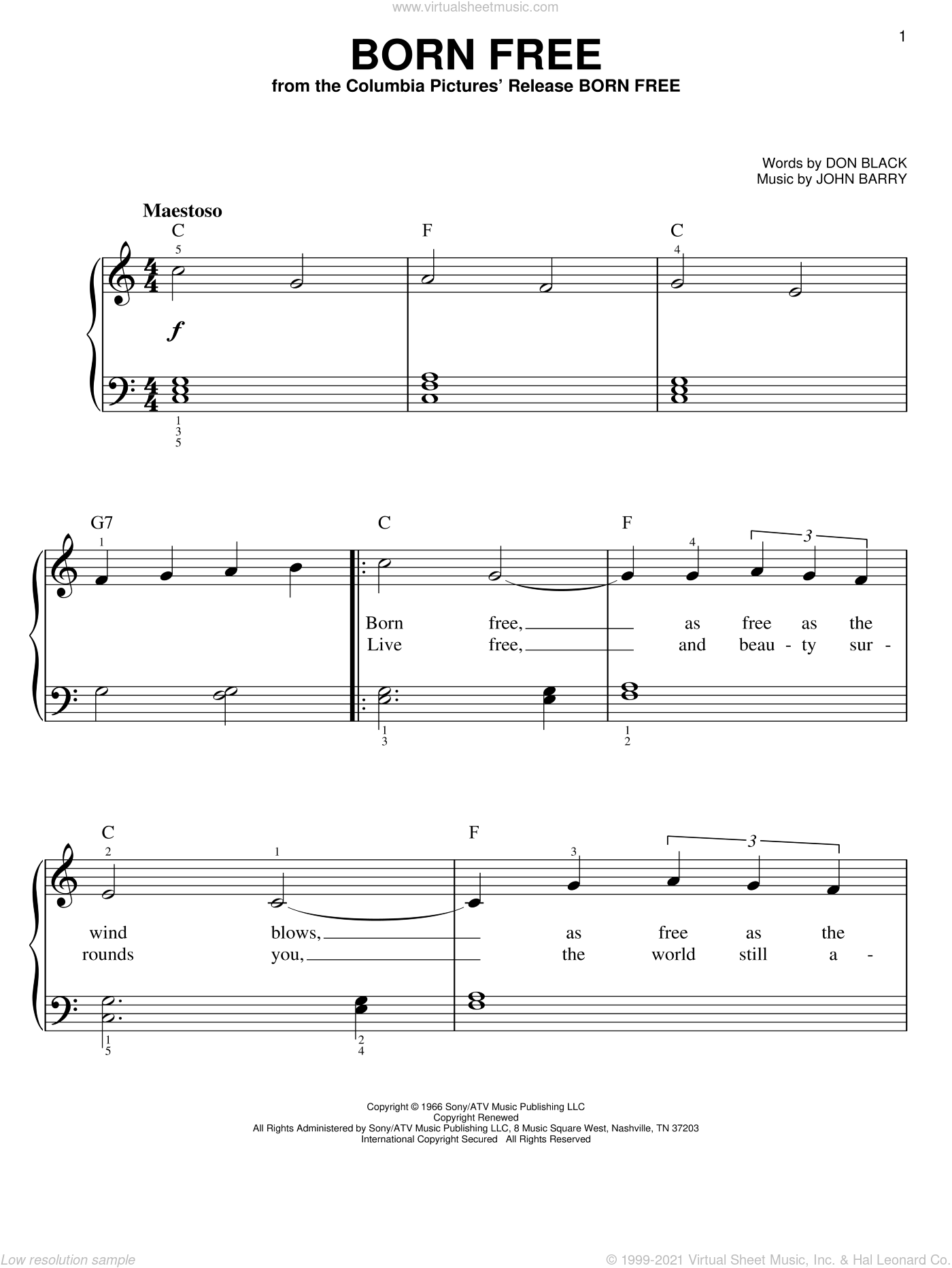 Born Free easy Sheet Music For Piano Solo PDF interactive 