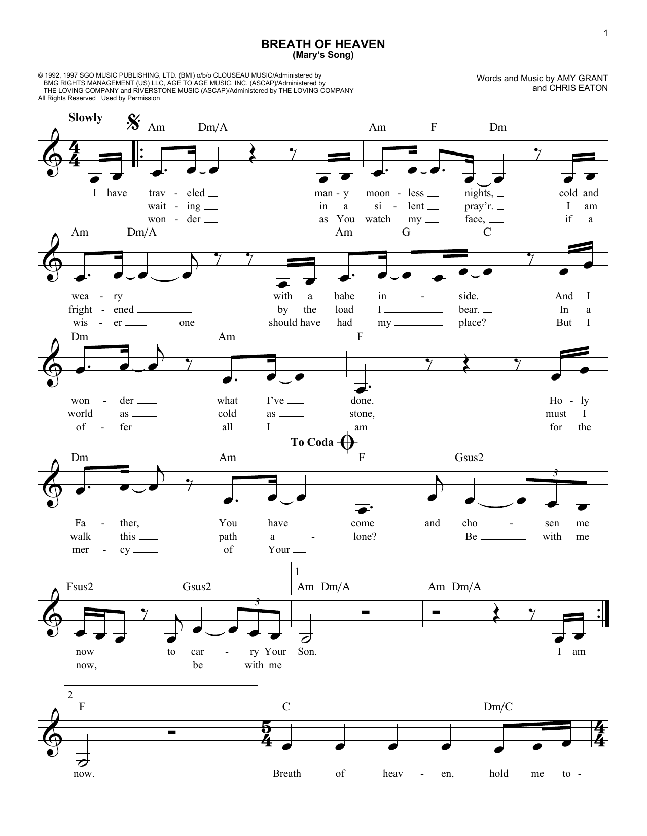 Breath Of Heaven Mary s Song By Amy Grant Sheet Music For Easy Lead Sheet Fake Book At Sheet Music Direct