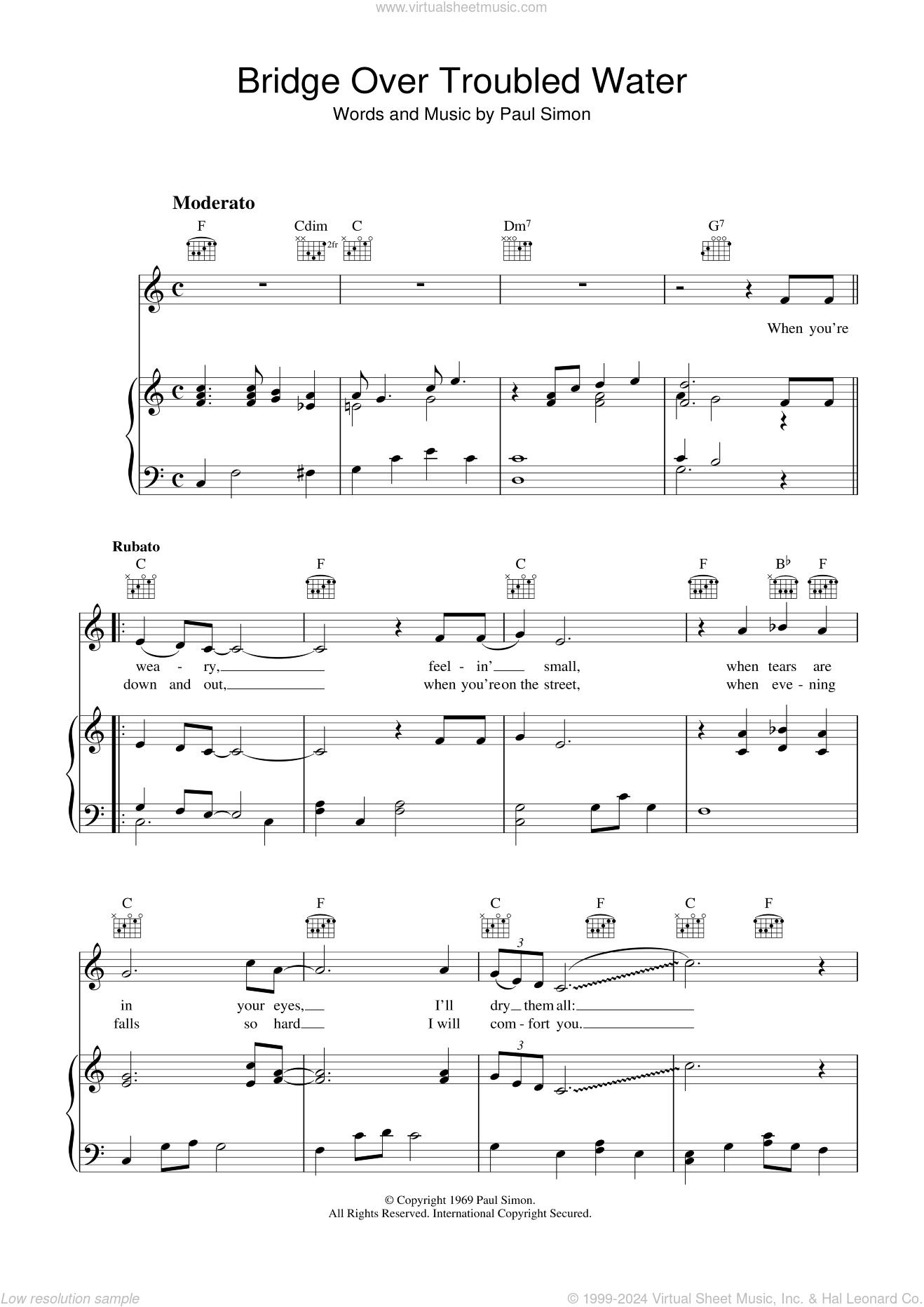Bridge Over Troubled Water easy Sheet Music For Piano Solo