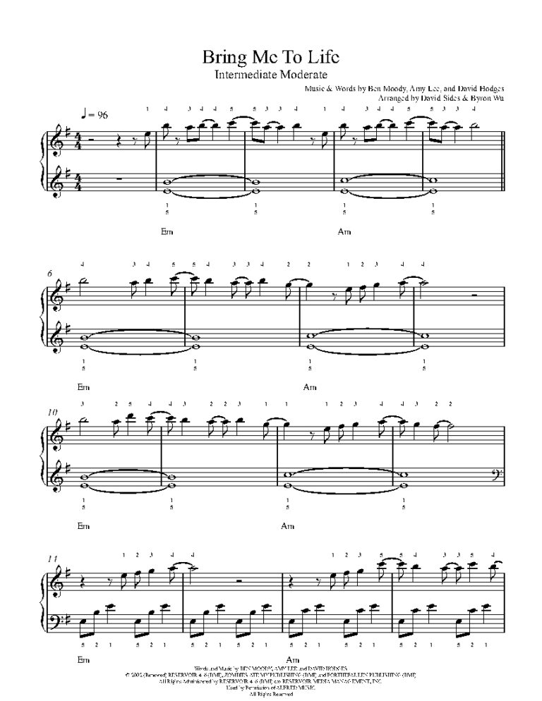 Bring Me To Life By Evanescence Sheet Music Lesson Intermediate Level