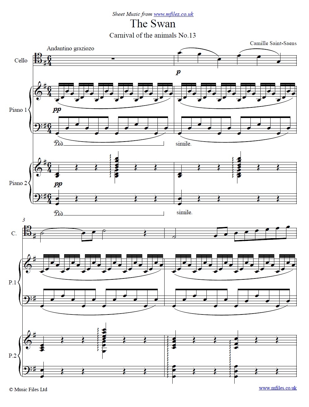 Camille Saint Saens Carnival Of The Animals The Swan Sheet Music Score With Cello 2 Piano Parts