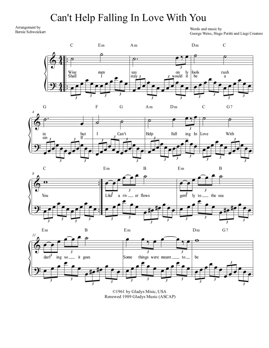 Can t Help Falling In Love arr Bernie Schweickart By Elvis Presley Sheet Music For Piano Vocal Guitar Chords At Sheet Music Direct Can t Help Falling In Love arr Bernie Schweickart By Elvis Presley Sheet Music For Piano Vocal Guitar Chords At Sheet Music Direct