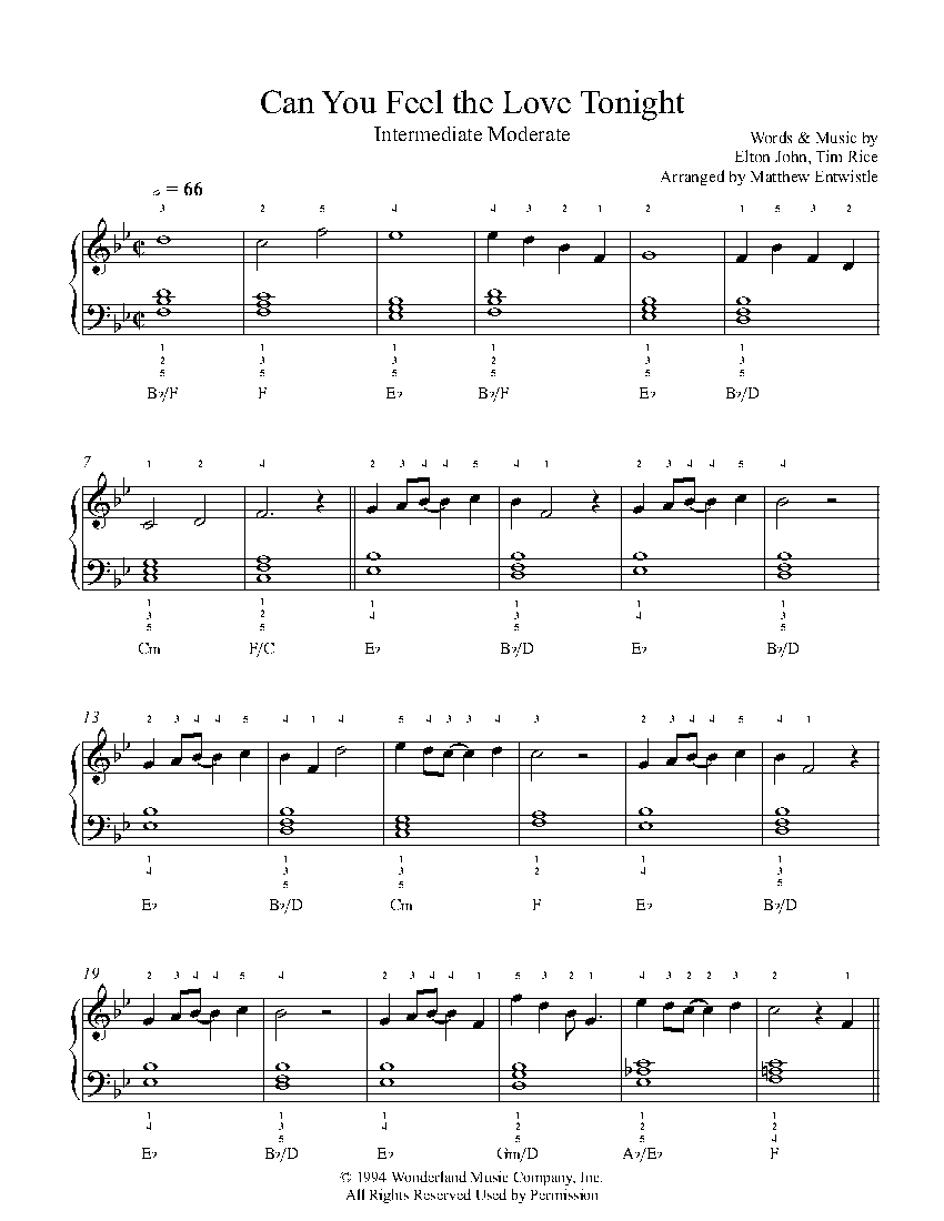 Can You Feel The Love Tonight By Elton John Sheet Music Lesson Intermediate Level