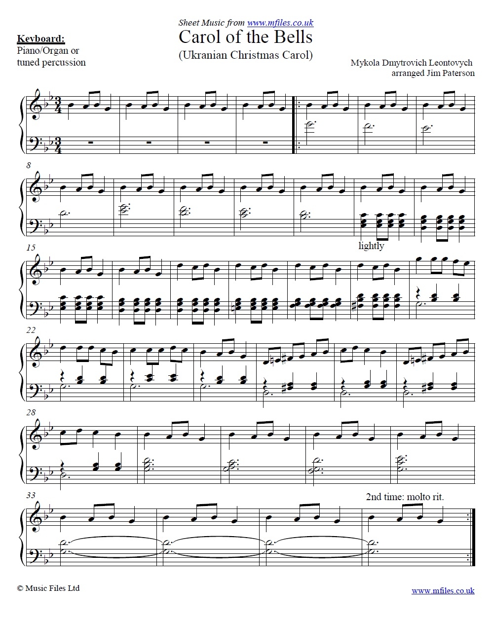 carol of the bells sheet music for piano