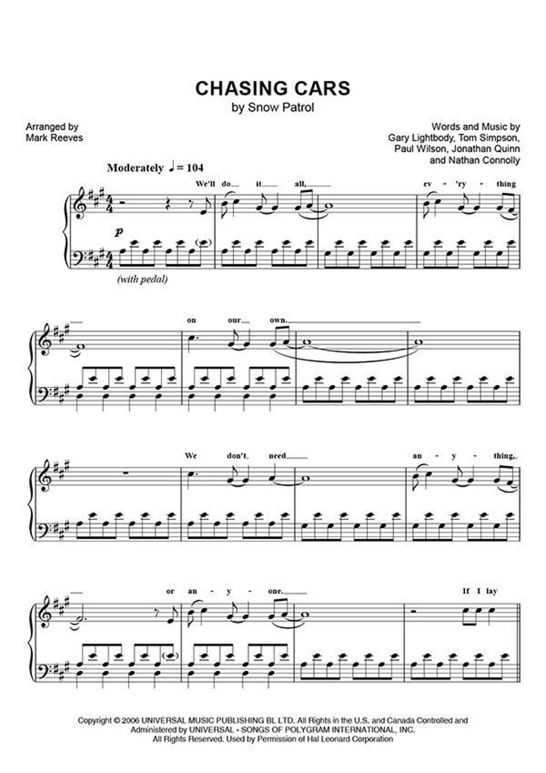 Chasing Cars By Snow Patrol Sheet Music For Piano Solo Accurate Transcription Digital PDF Printable Instant Download Etsy