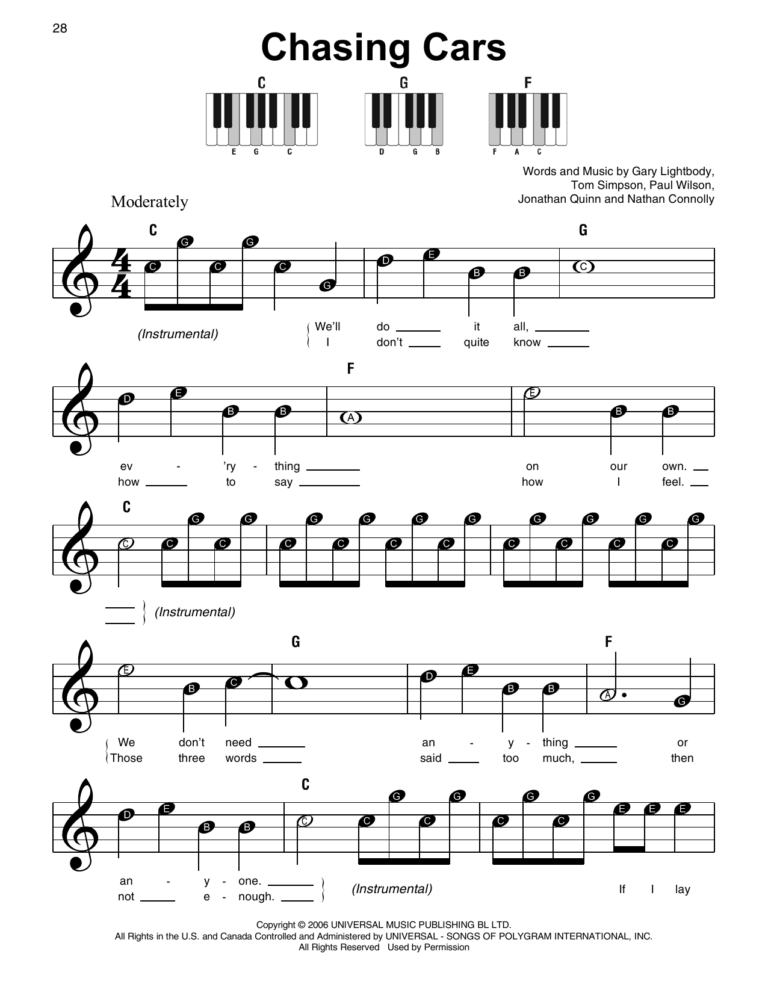 Chasing Cars By Snow Patrol Sheet Music For Super Easy Piano At Sheet Music Direct