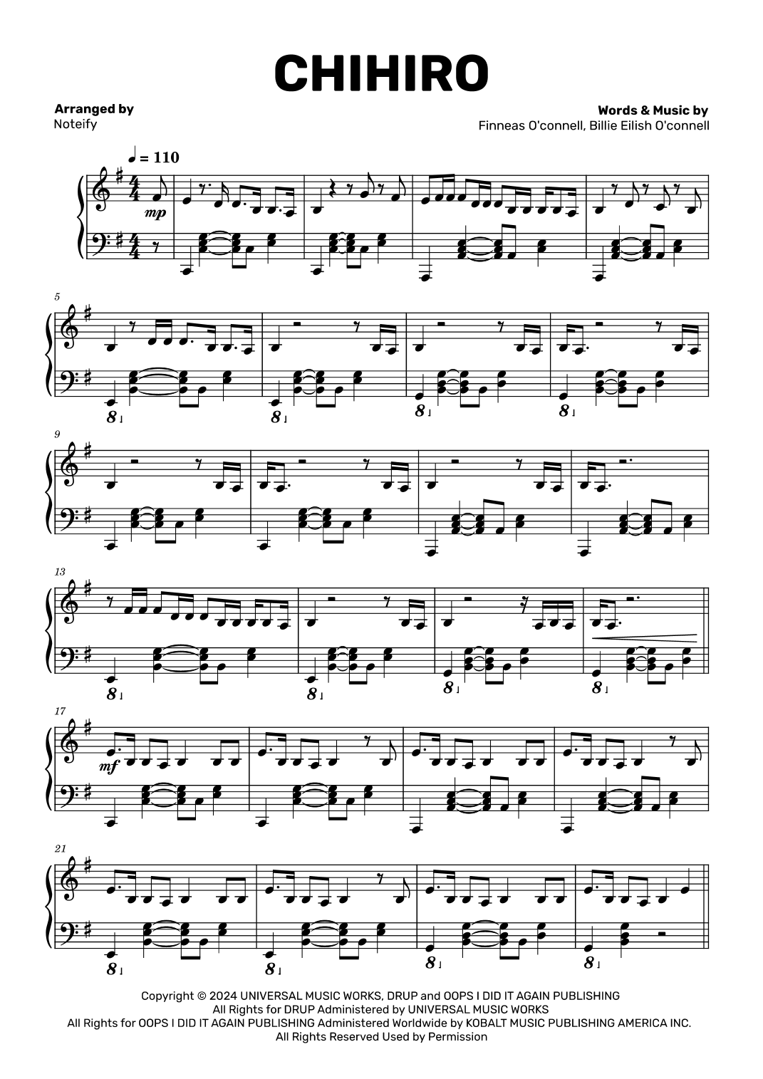 Chihiro arr Noteify By Billie Eilish Sheet Music For Piano Solo At Sheet Music Direct