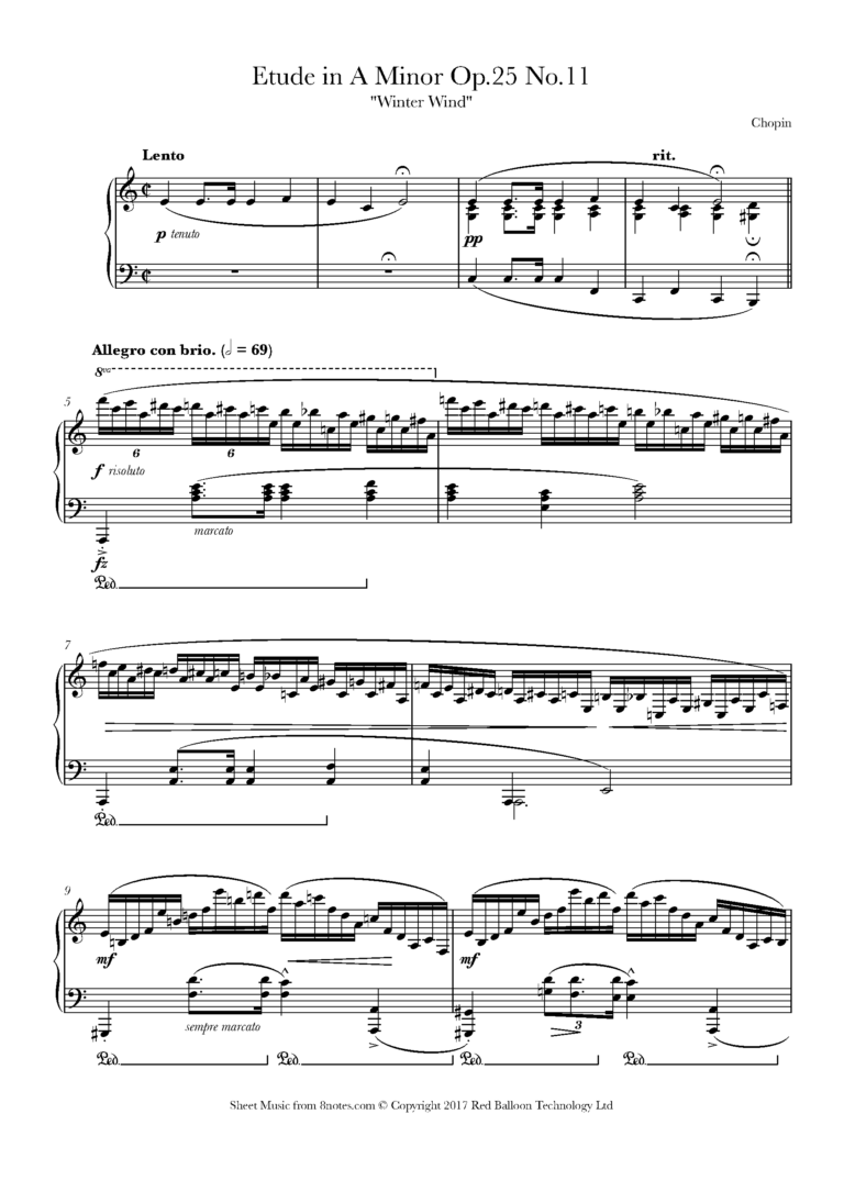 Chopin Fr d ric Etude In A Minor Op 25 No 11 Winter Wind For Piano Free Sheet Music For Piano 8notes