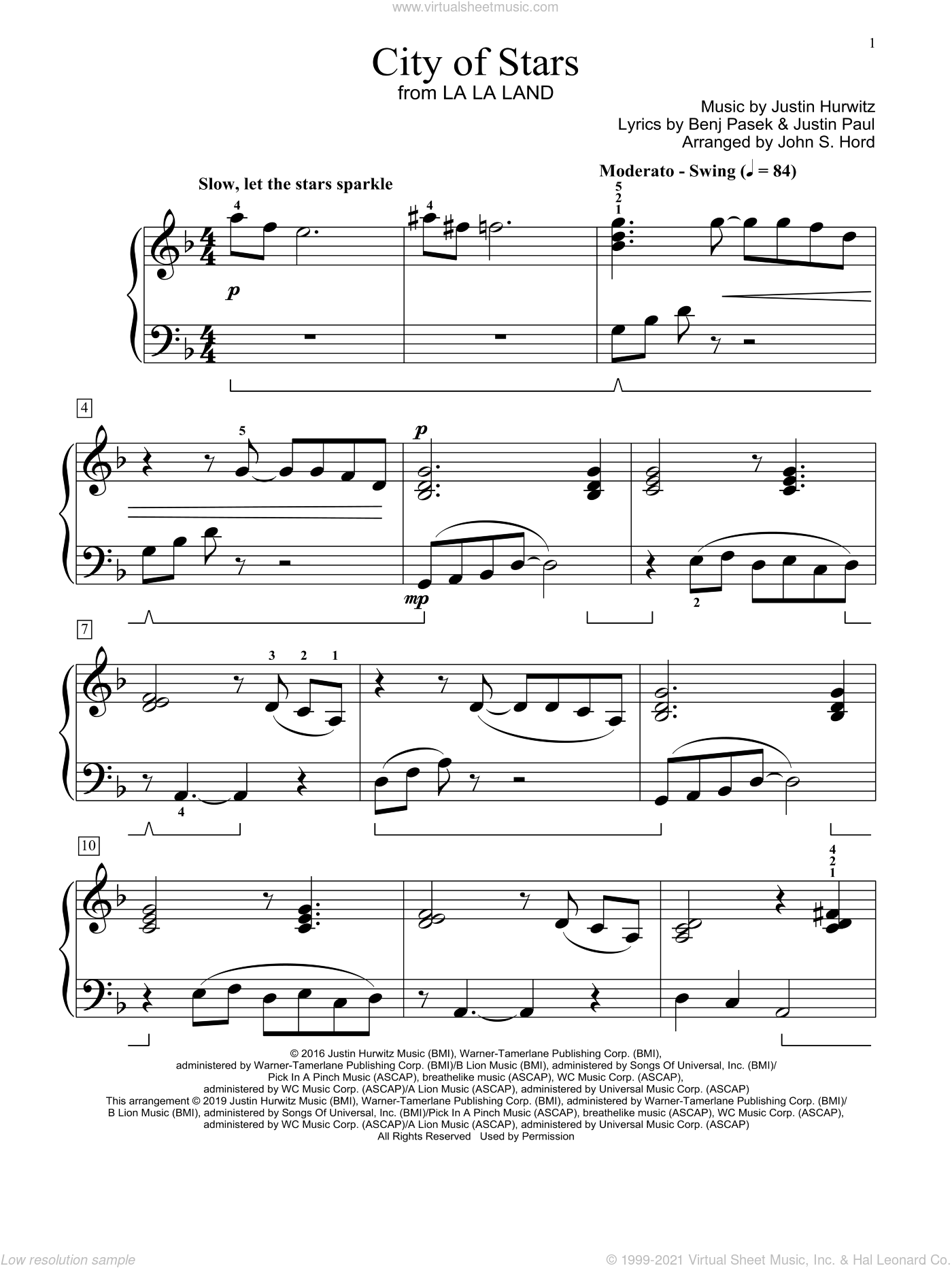 City Of Stars from La La Land arr John S Hord Sheet Music beginner For Piano Solo elementary 
