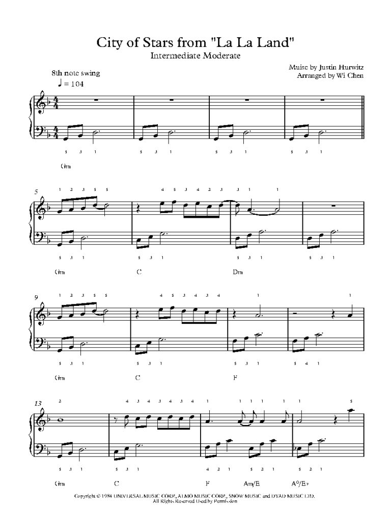 City Of Stars From La La Land By Justin Hurwitz Sheet Music Lesson Intermediate Level