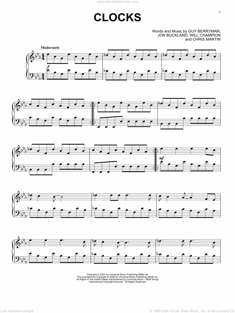 Clocks Sheet Music For Piano Solo PDF interactive V2
