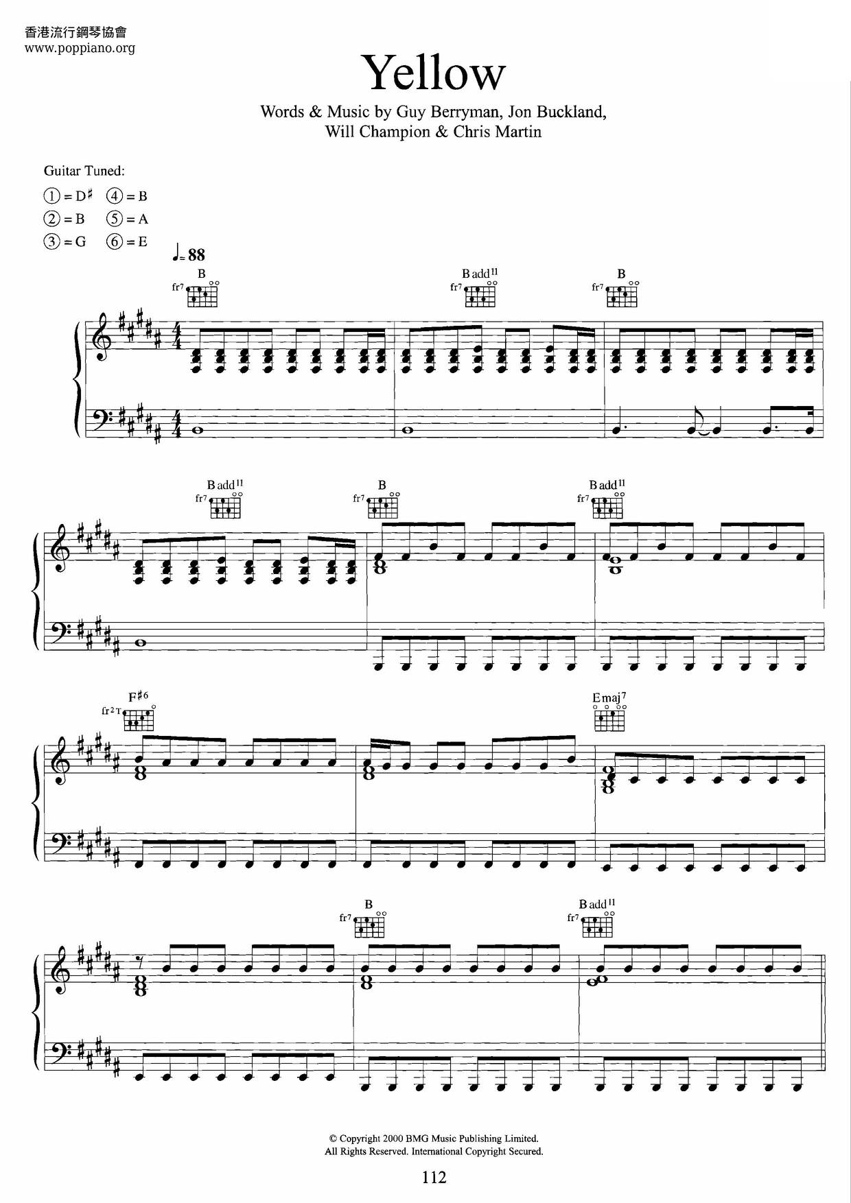 yellow coldplay piano sheet music