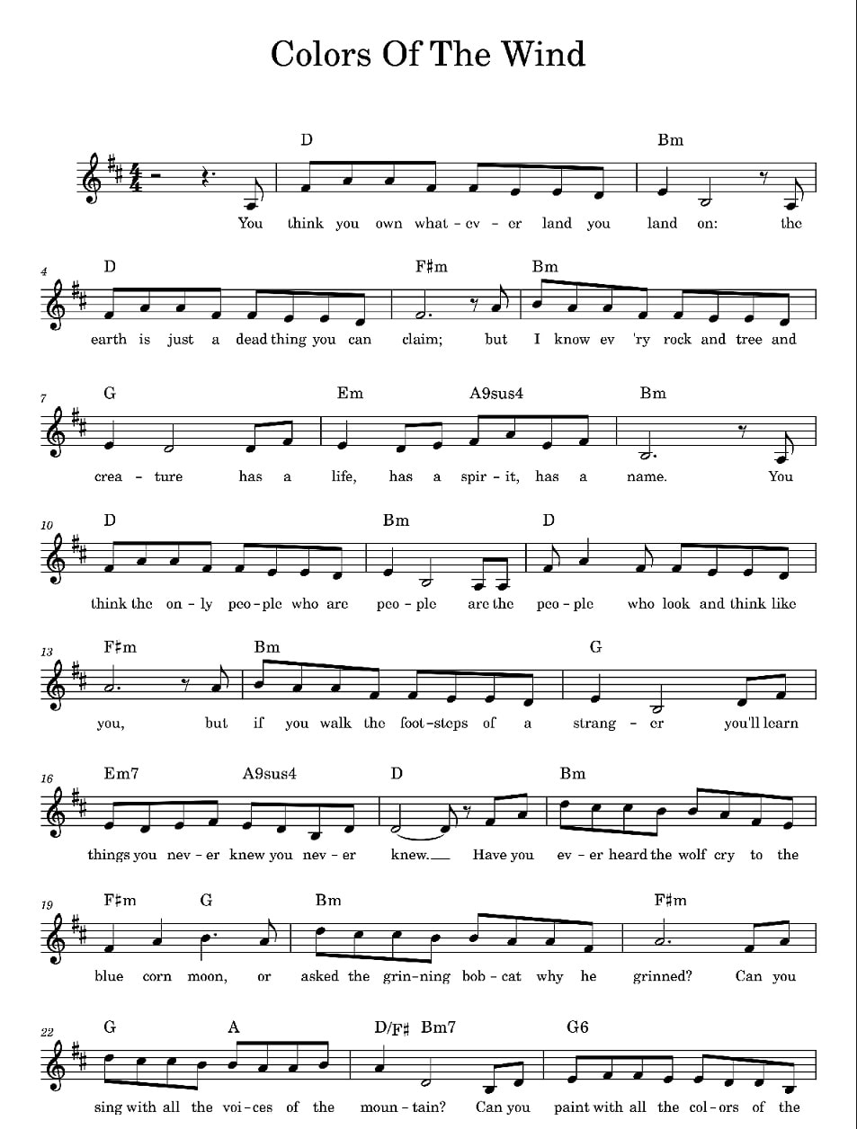 Colours Of The Wind Piano Sheet Music With Chords Tenor Banjo Tabs Colours Of The Wind Piano Sheet Music With Chords Tenor Banjo Tabs