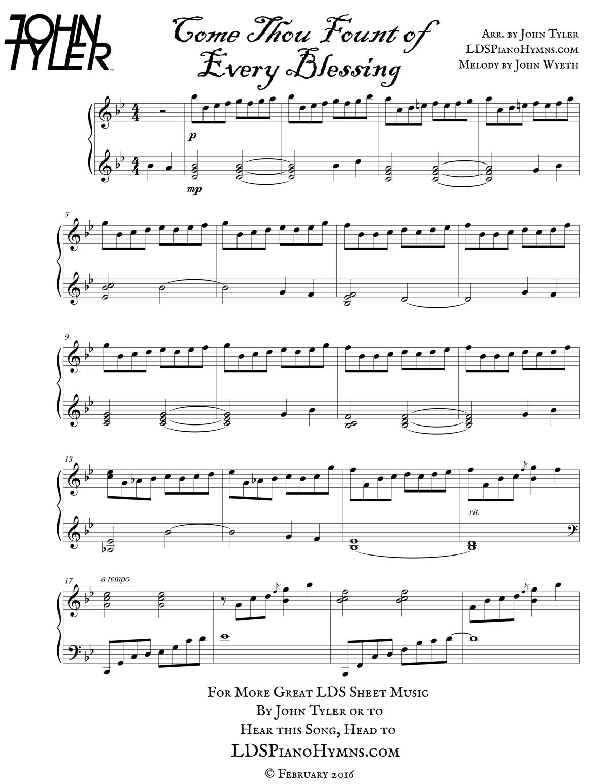 Come Thou Fount Of Every Blessing FREE LDS PIANO SOLOS By John Tyler
