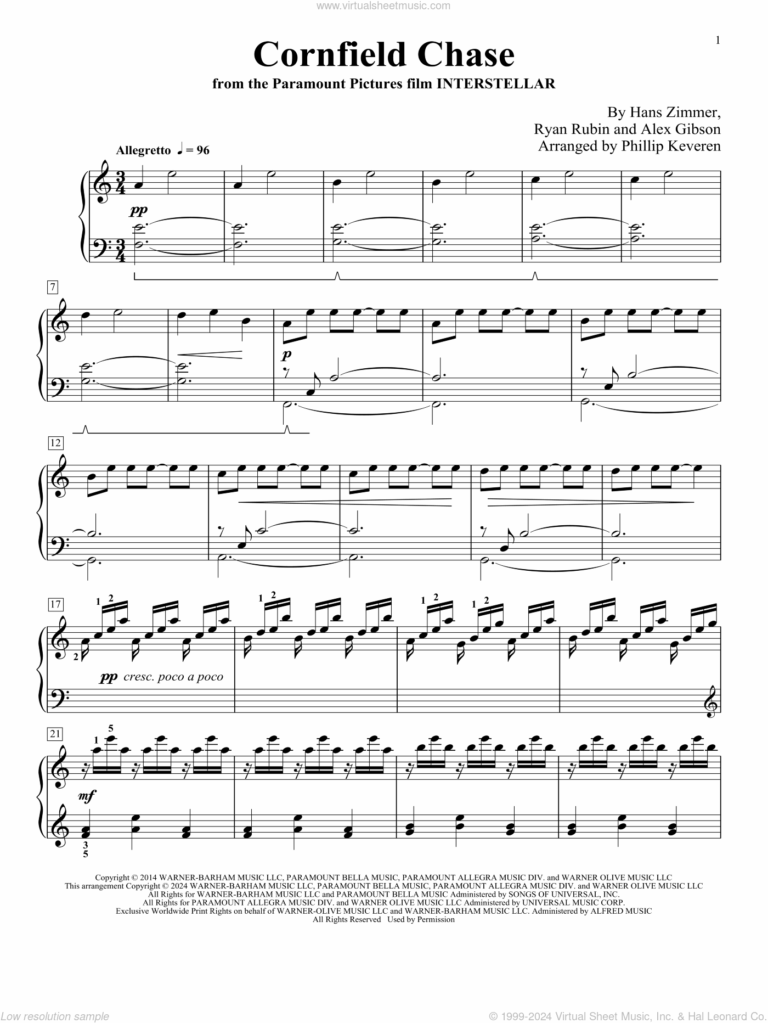Cornfield Chase from Interstellar arr Phillip Keveren Sheet Music For Piano Solo V2