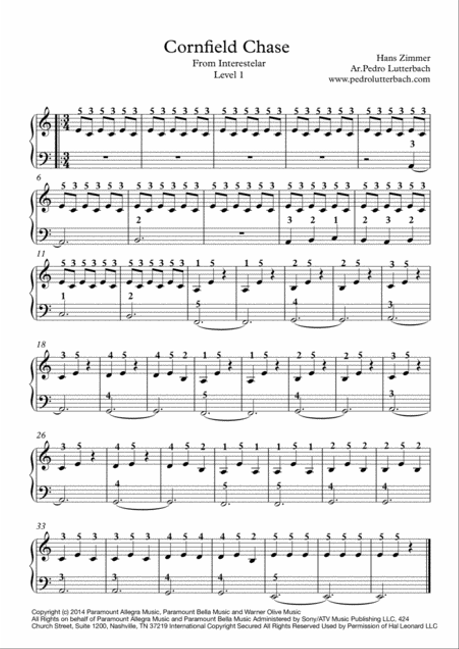 Cornfield Chase From The Paramount Pictures Film INTERSTELLAR By Hans Zimmer Easy Piano Digital Sheet Music Sheet Music Plus