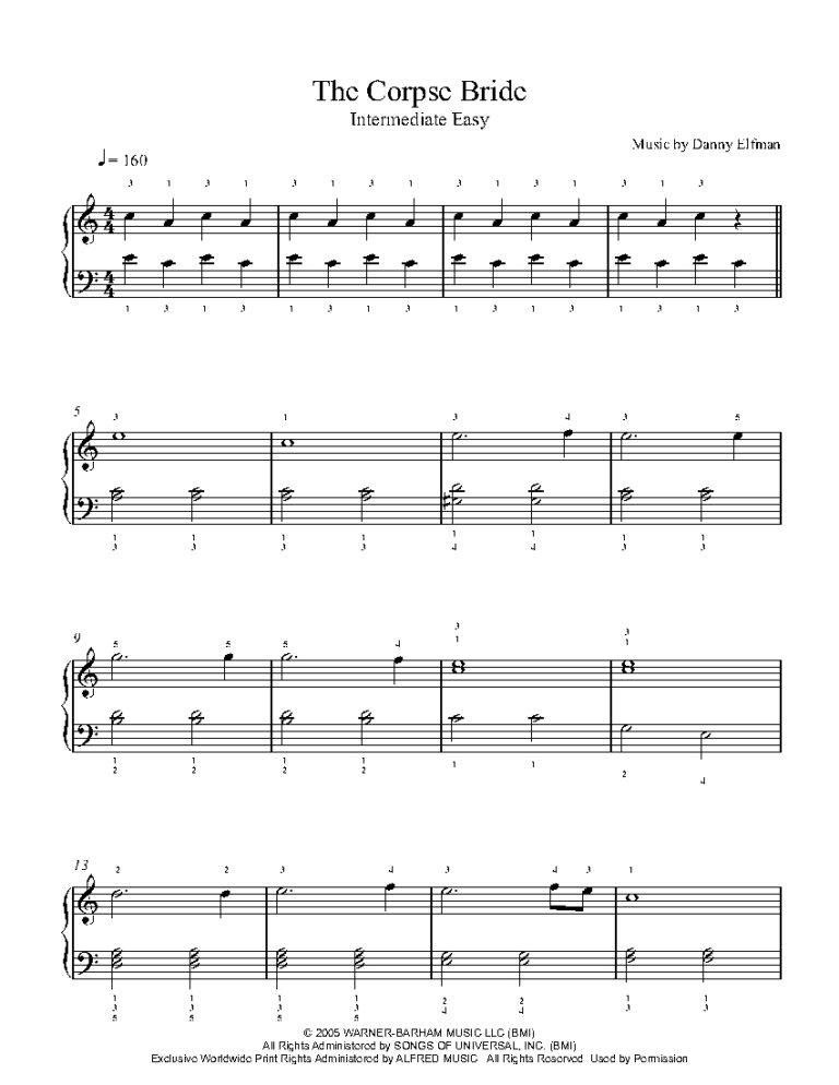 Corpse Bride Main Theme By Danny Elfman Sheet Music Lesson Intermediate Level