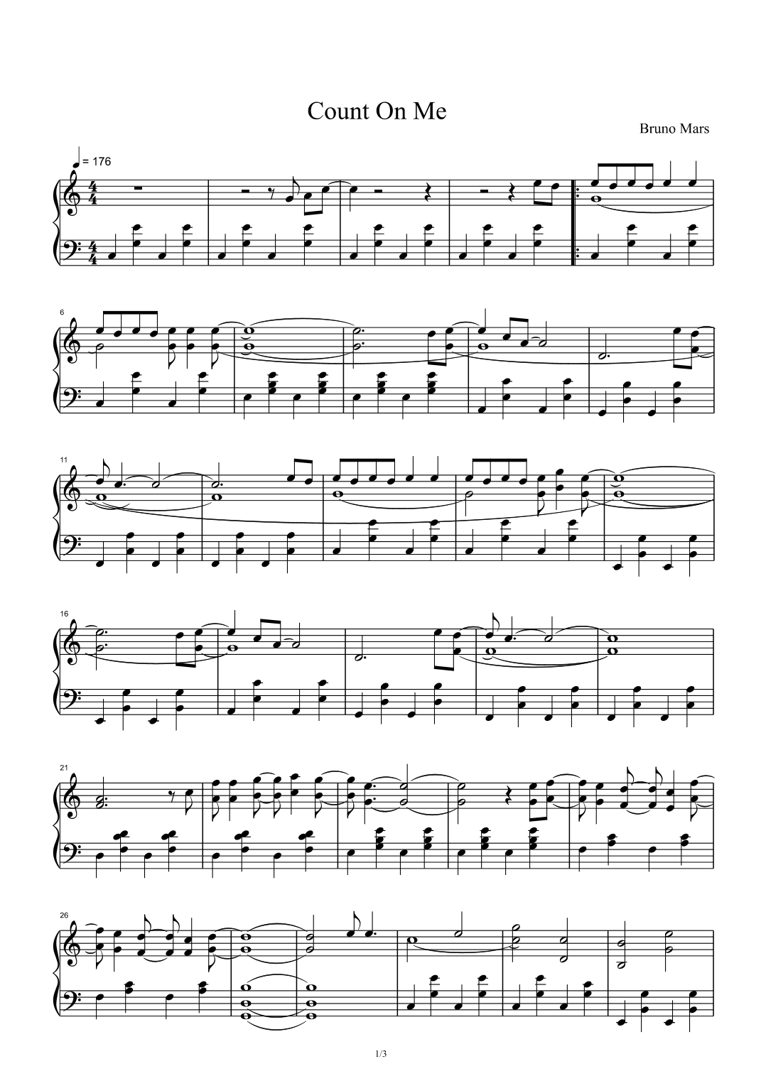 Count On Me arr Bruno Mars By Bruno Mars Sheet Music For Piano Solo At Sheet Music Direct