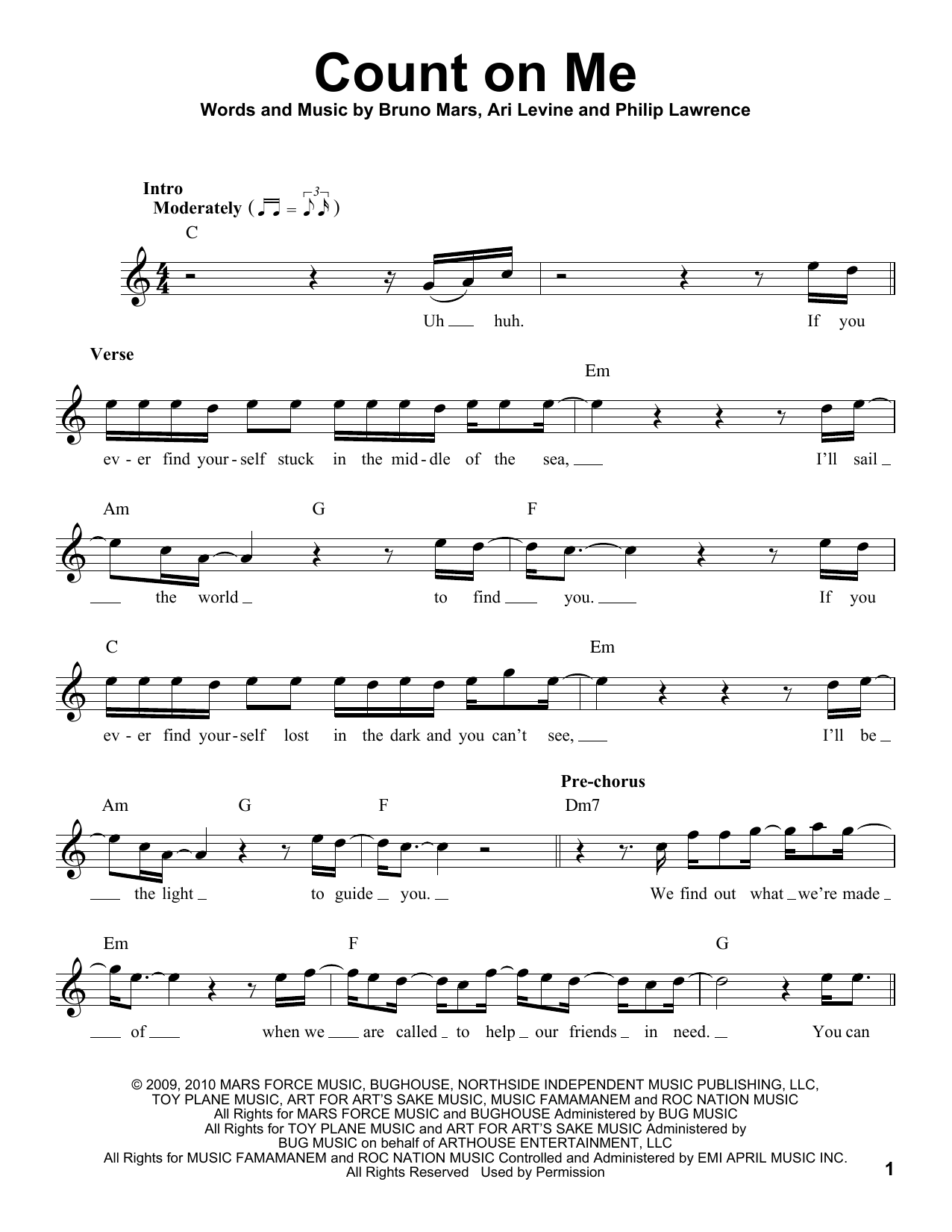 Count On Me By Bruno Mars Sheet Music For Pro Vocal At Sheet Music Direct