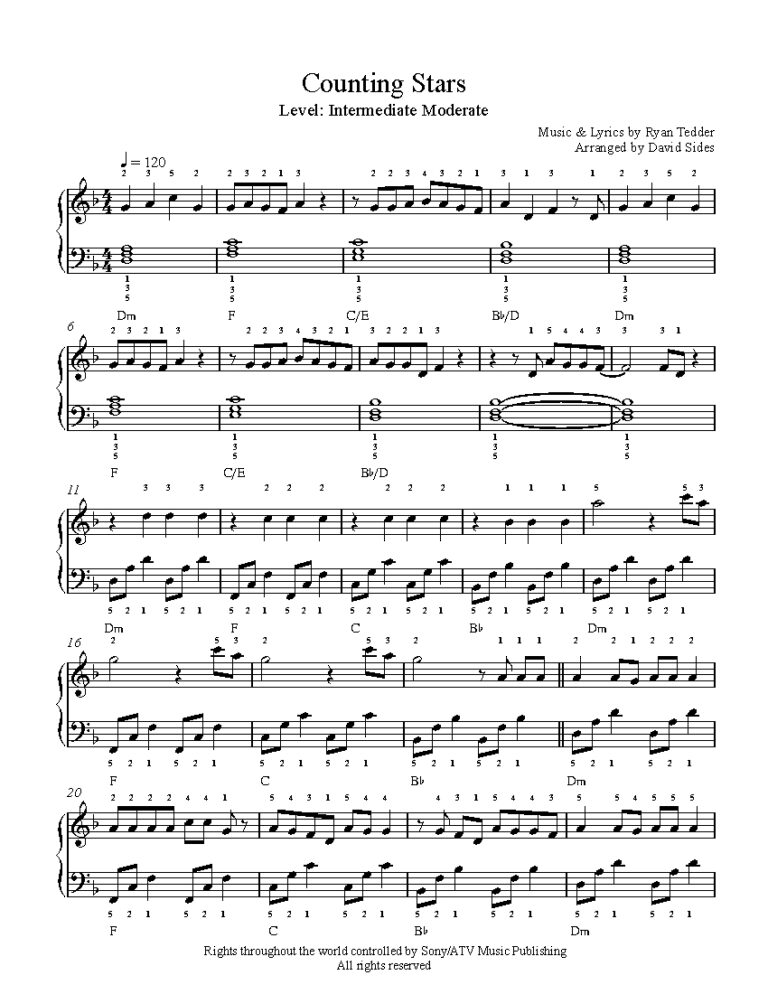 Counting Stars By One Republic Sheet Music Lesson Intermediate Level