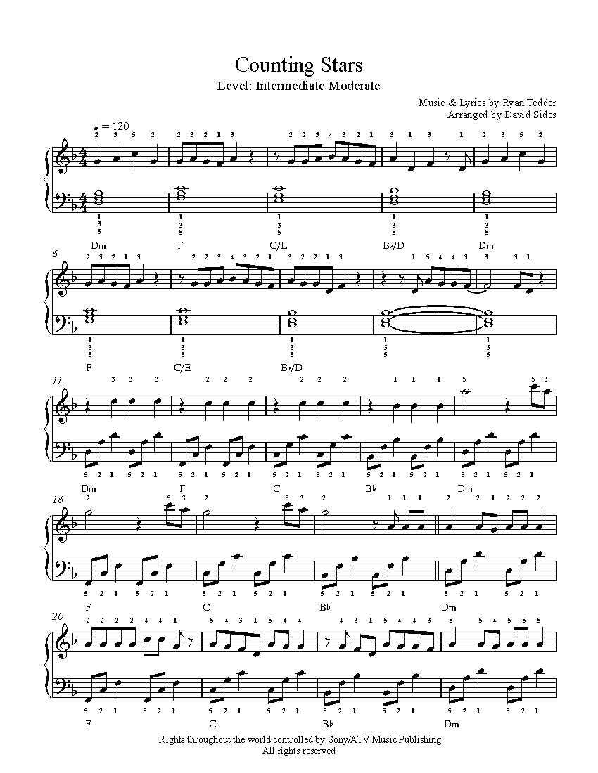 Counting Stars By One Republic Sheet Music Lesson Intermediate Level