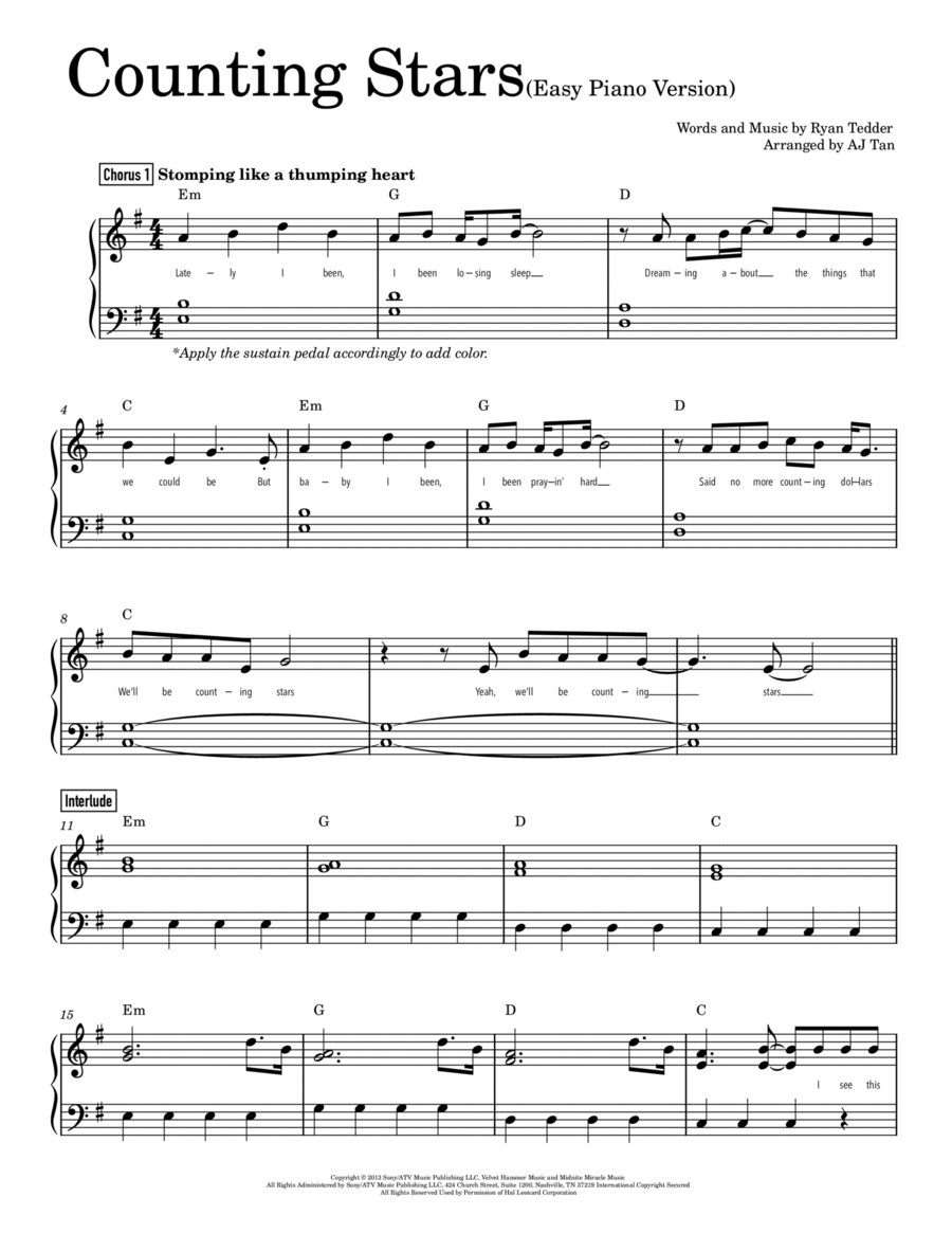 counting stars piano sheet music