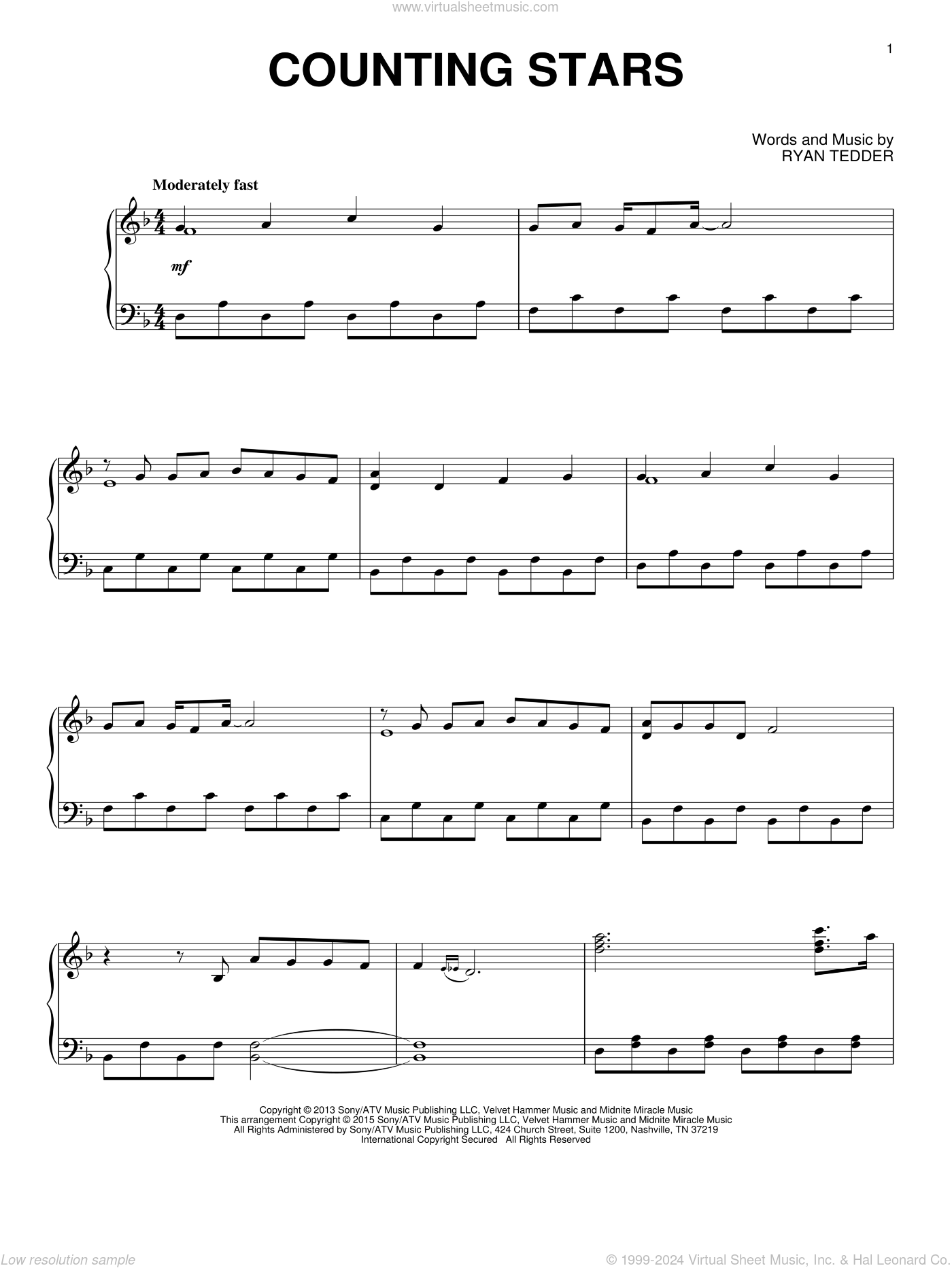 Counting Stars intermediate Sheet Music For Piano Solo PDF 