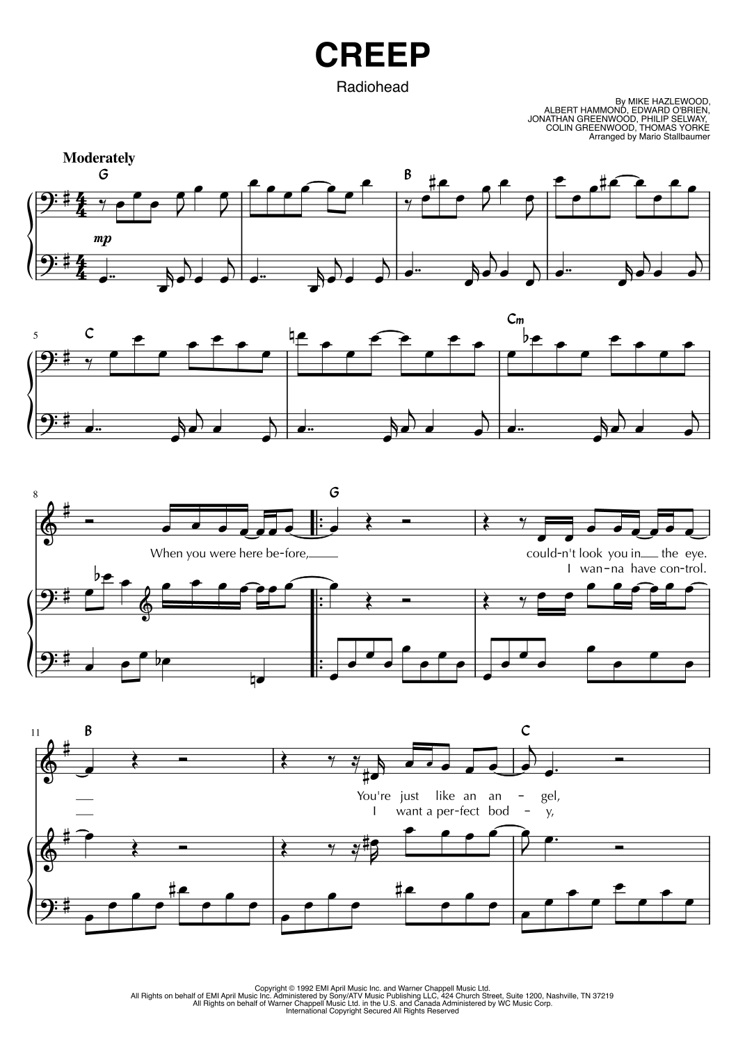 Creep arr Mario Stallbaumer By Radiohead Sheet Music For Piano Vocal Guitar Chords At Sheet Music Direct