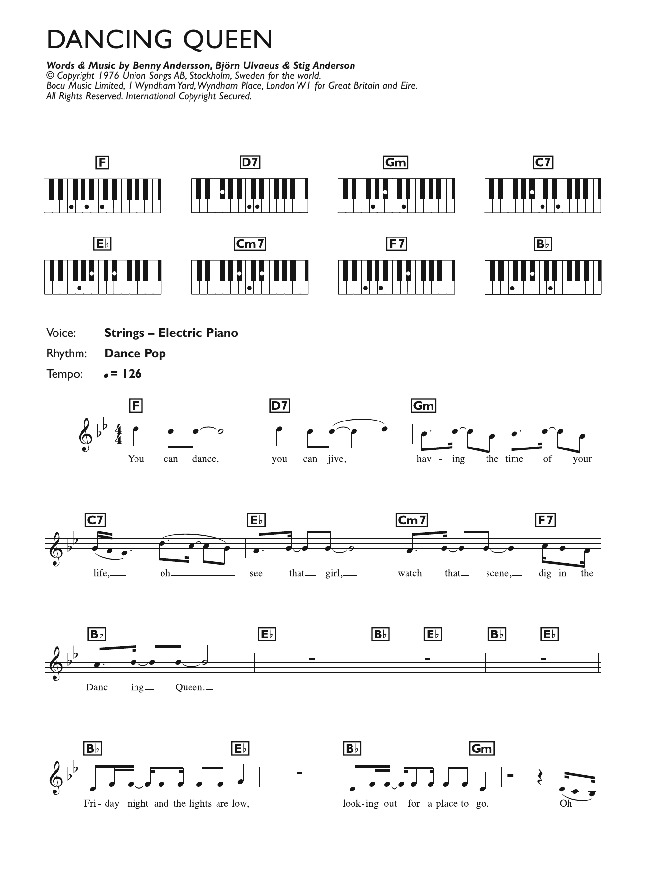 abba dancing queen piano sheet music