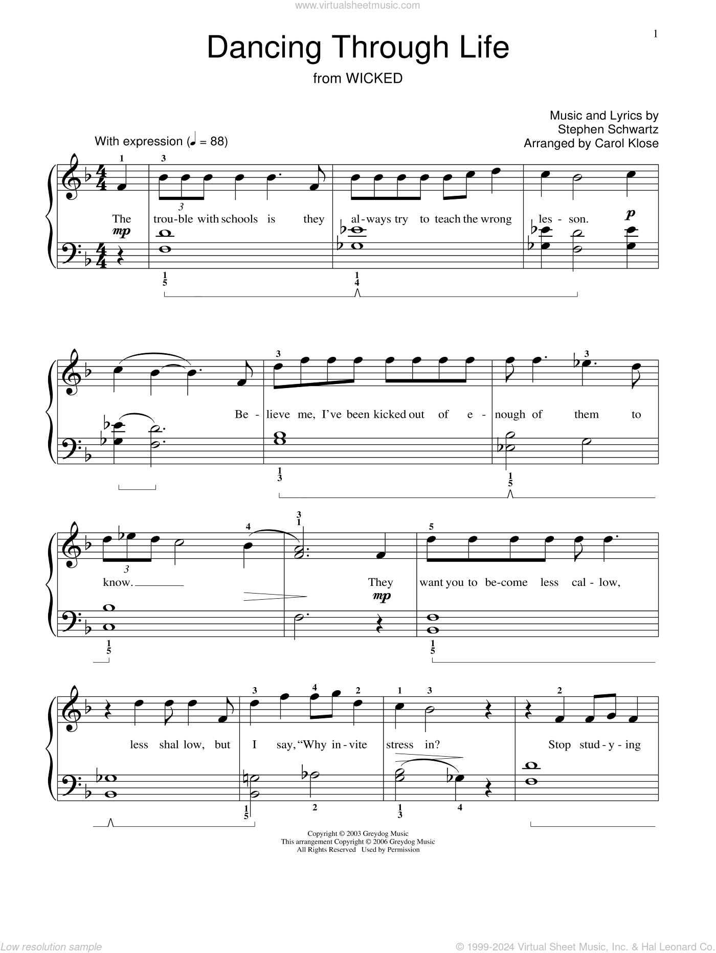 Dancing Through Life from Wicked Sheet Music beginner For Piano Solo elementary 