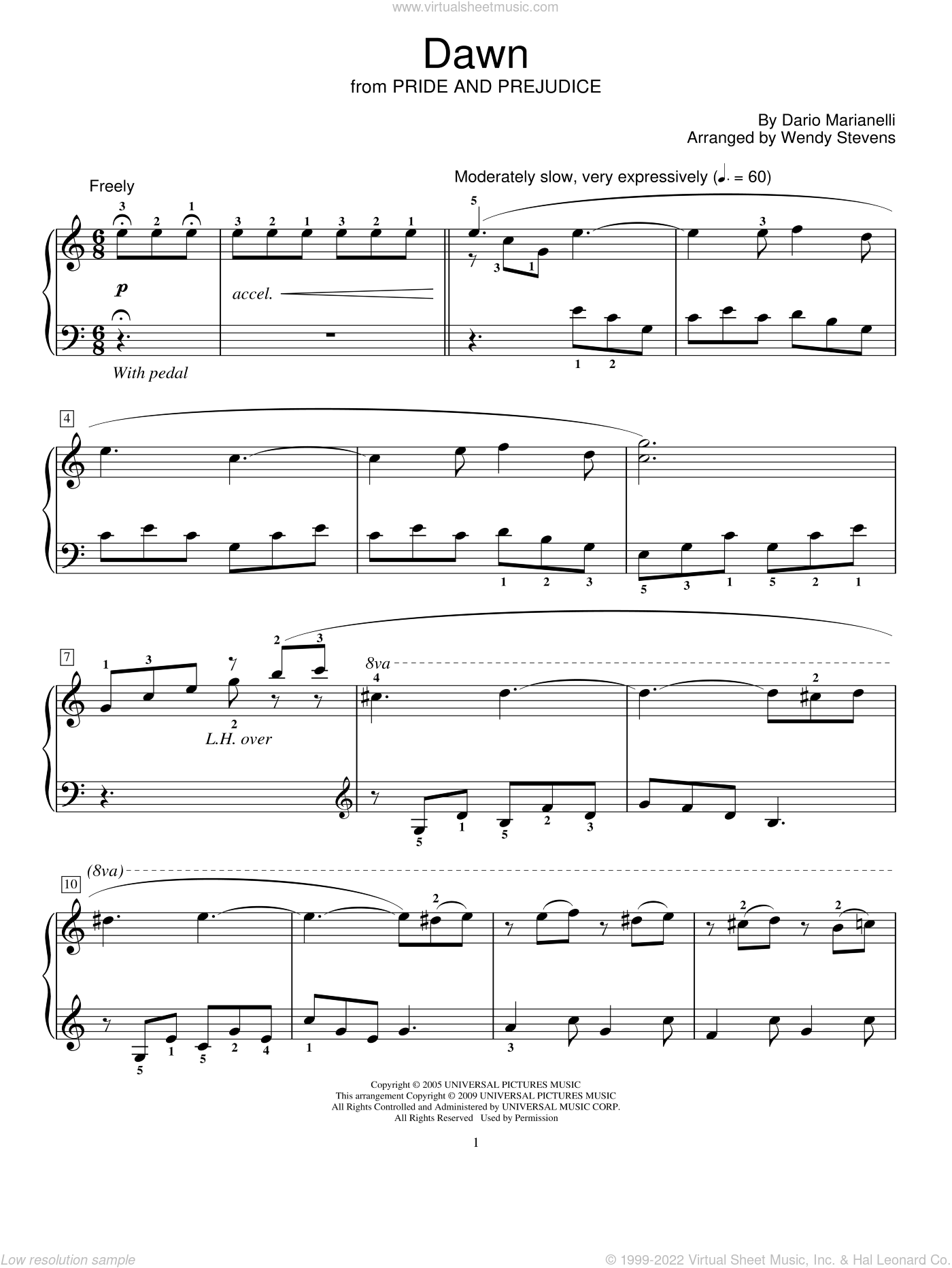 Dawn from Pride And Prejudice arr Wendy Stevens Sheet Music beginner For Piano Solo elementary 