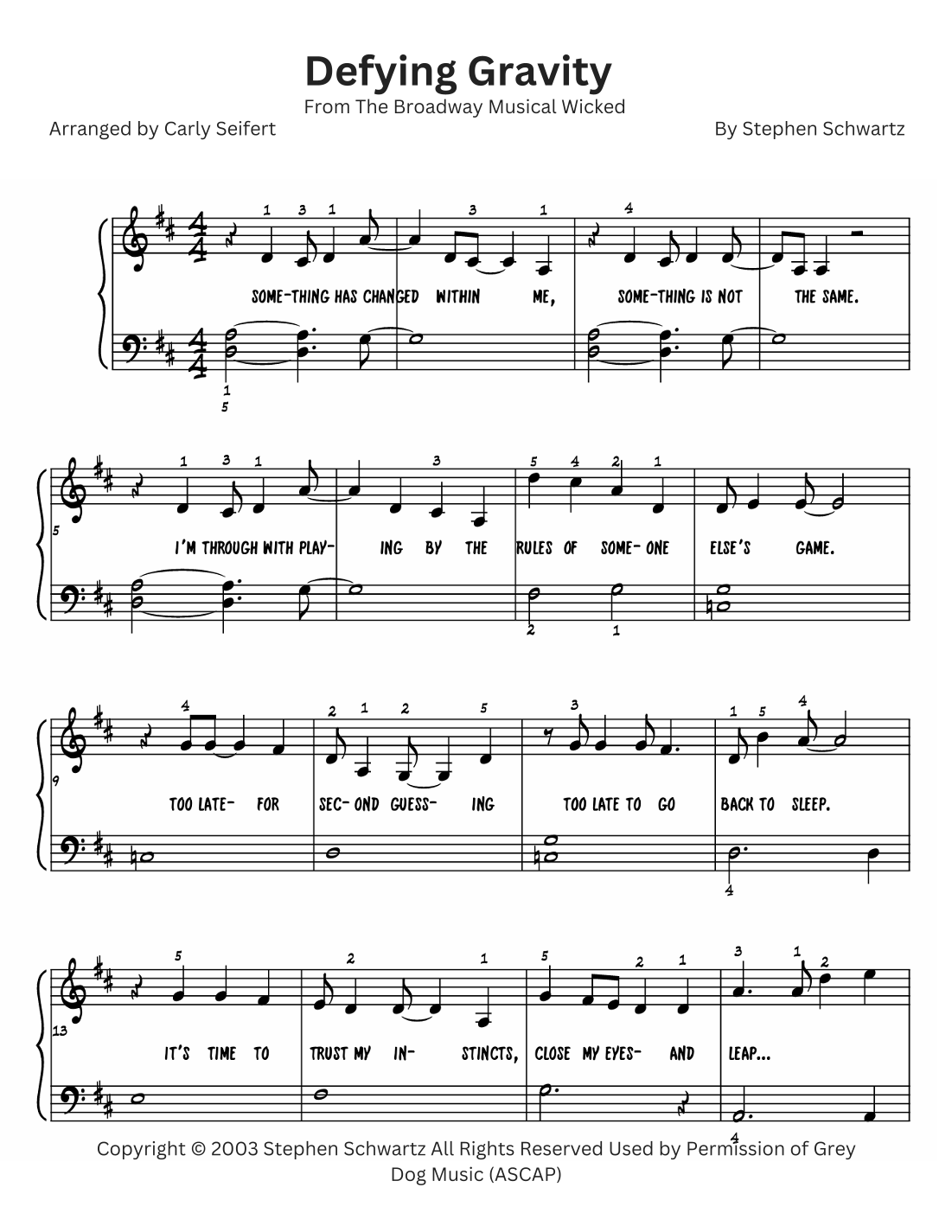 Defying Gravity arr Carly Seifert By Stephen Schwartz Sheet Music For Piano Solo At Sheet Music Direct