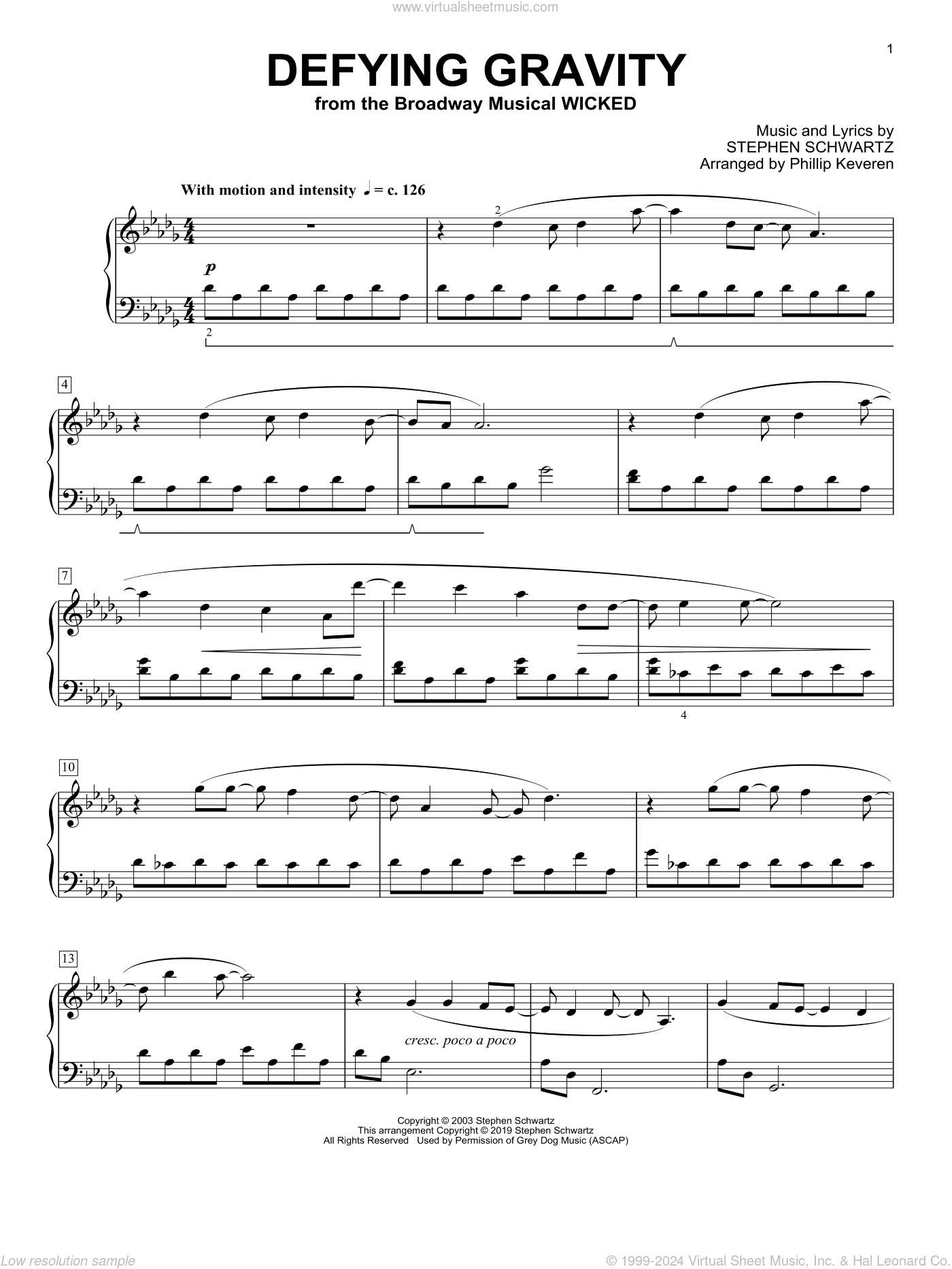 Defying Gravity Classical Version from Wicked arr Phillip Keveren Sheet Music For Piano Solo
