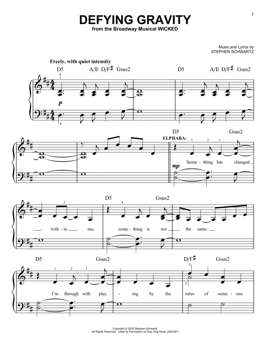 Defying Gravity from Wicked By Stephen Schwartz Easy Piano Digital Sheet Music Sheet Music Plus