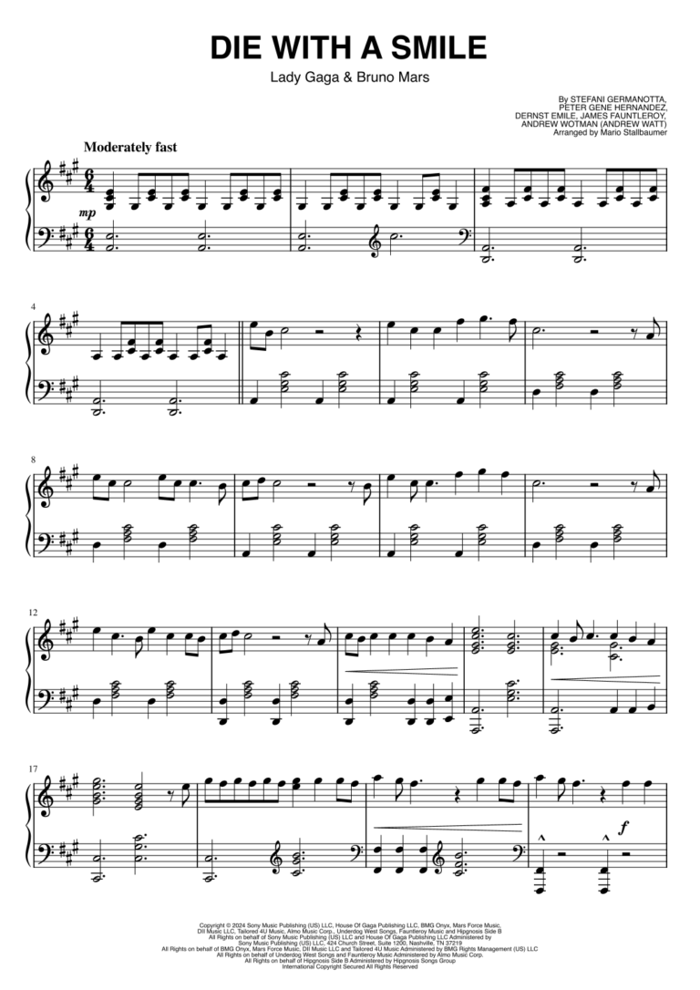 Die With A Smile arr Mario Stallbaumer By Bruno Mars And Lady Gaga Sheet Music For Piano Solo At Sheet Music Direct