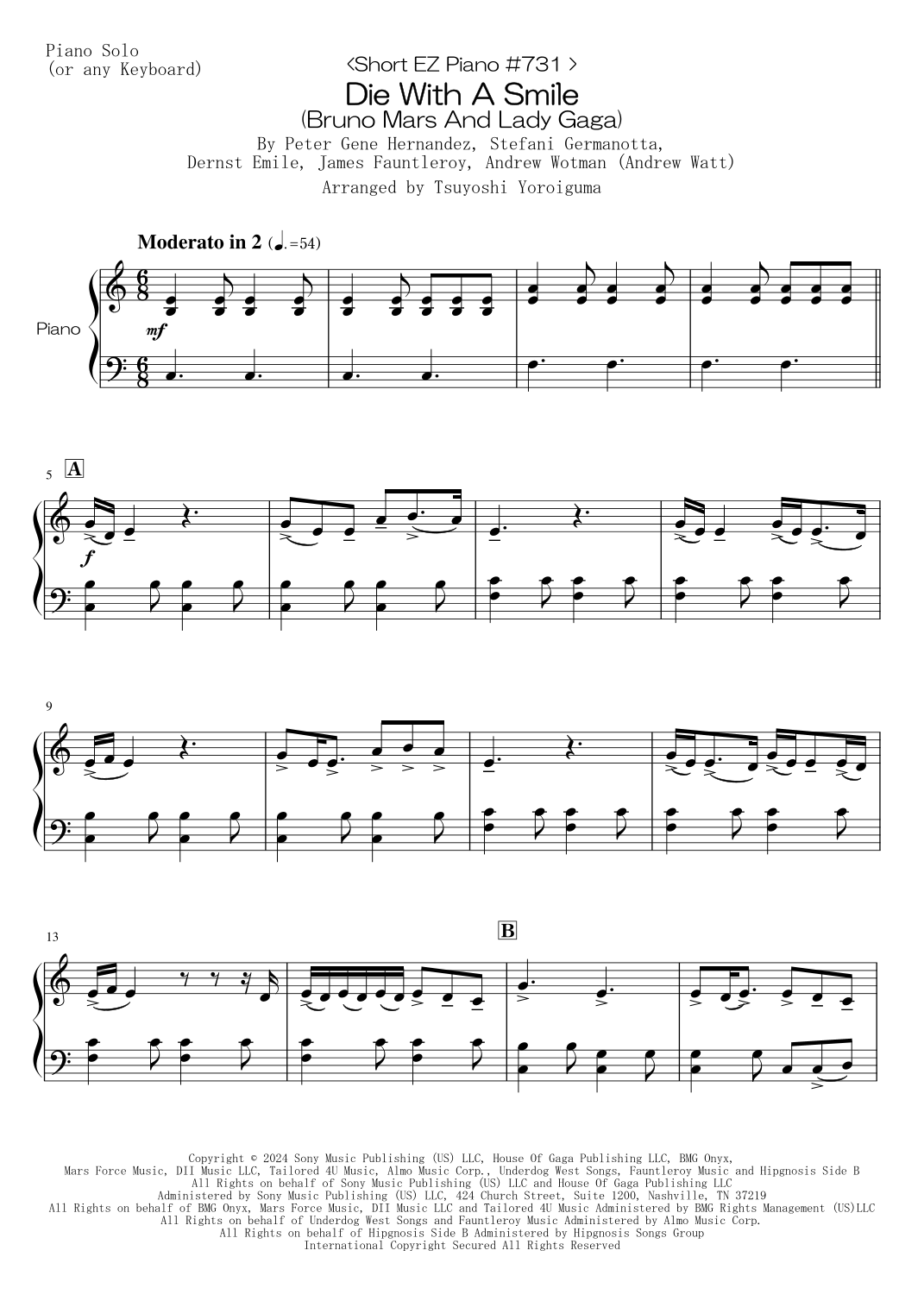 Die With A Smile arr Tsuyoshi Yoroiguma By Bruno Mars And Lady Gaga Sheet Music For Easy Piano At Sheet Music Direct Die With A Smile arr Tsuyoshi Yoroiguma By Bruno Mars And Lady Gaga Sheet Music For Easy Piano At Sheet Music Direct