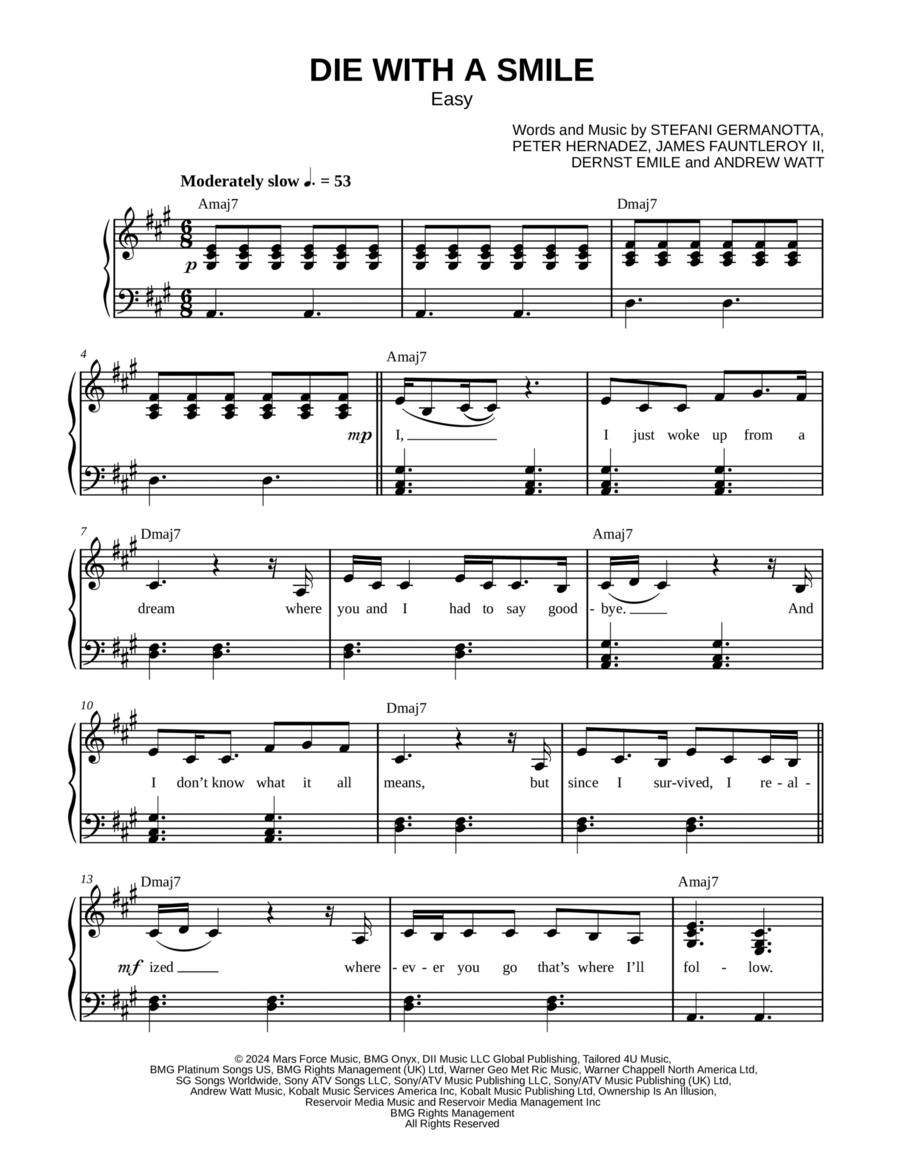 Die With A Smile By Stefani Germanotta Easy Piano Digital Sheet Music Sheet Music Plus Die With A Smile By Stefani Germanotta Easy Piano Digital Sheet Music Sheet Music Plus